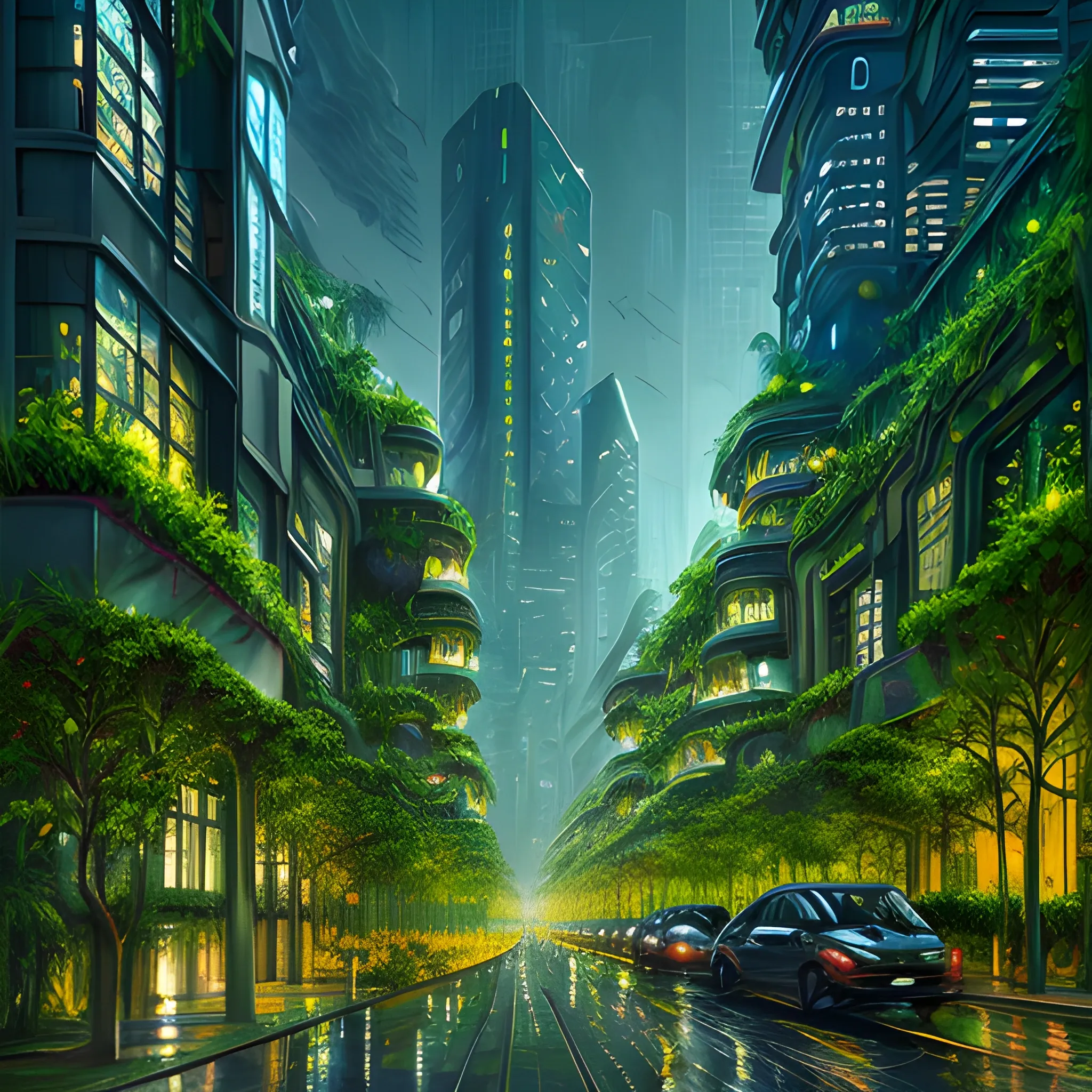 Painting of solarpunk city, futuristic, lush vegetation, ambient 