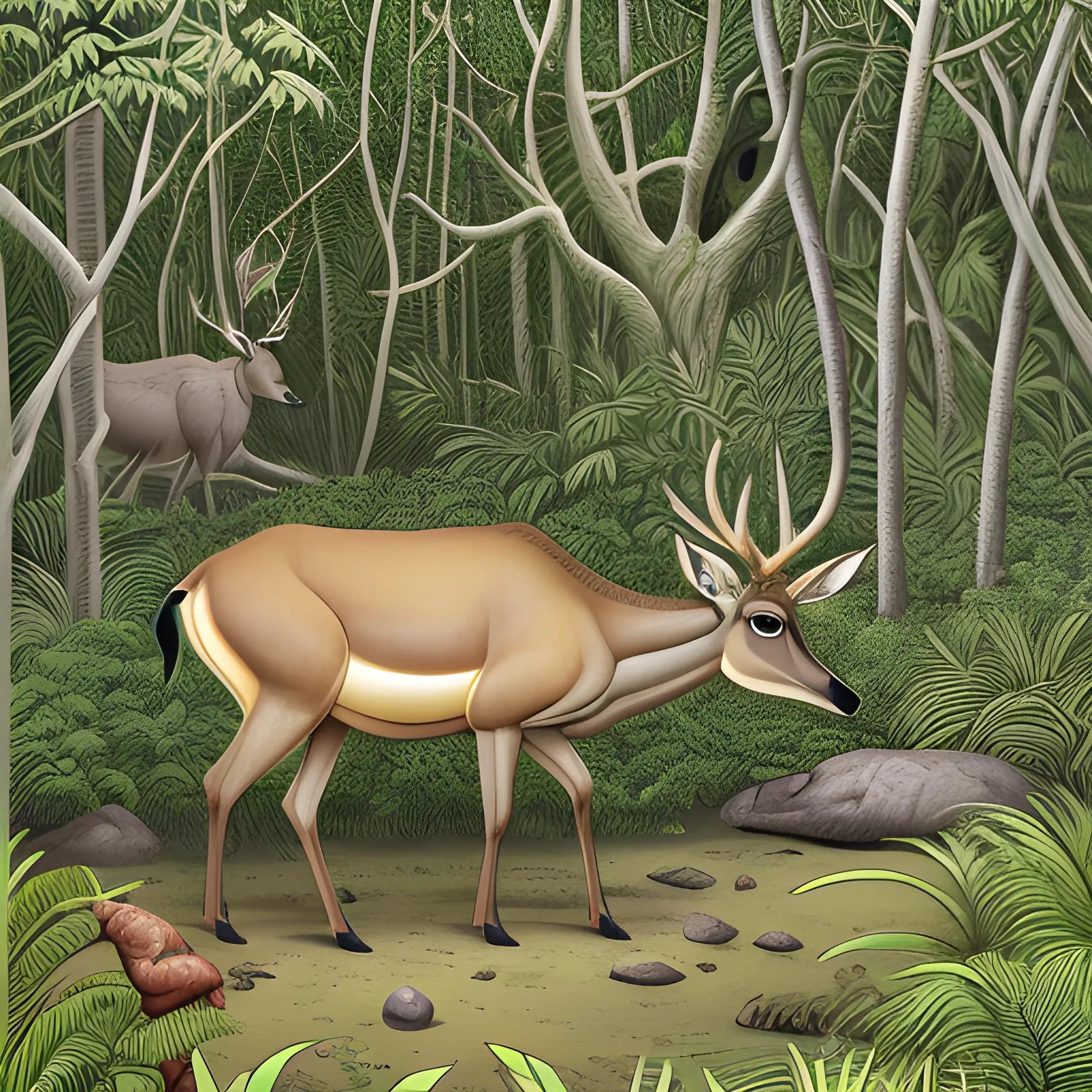 a New Yorker magazine cartoon about a sambar deer in the jungle, highly detailed, sharp focus, crisp, quality., Trippy