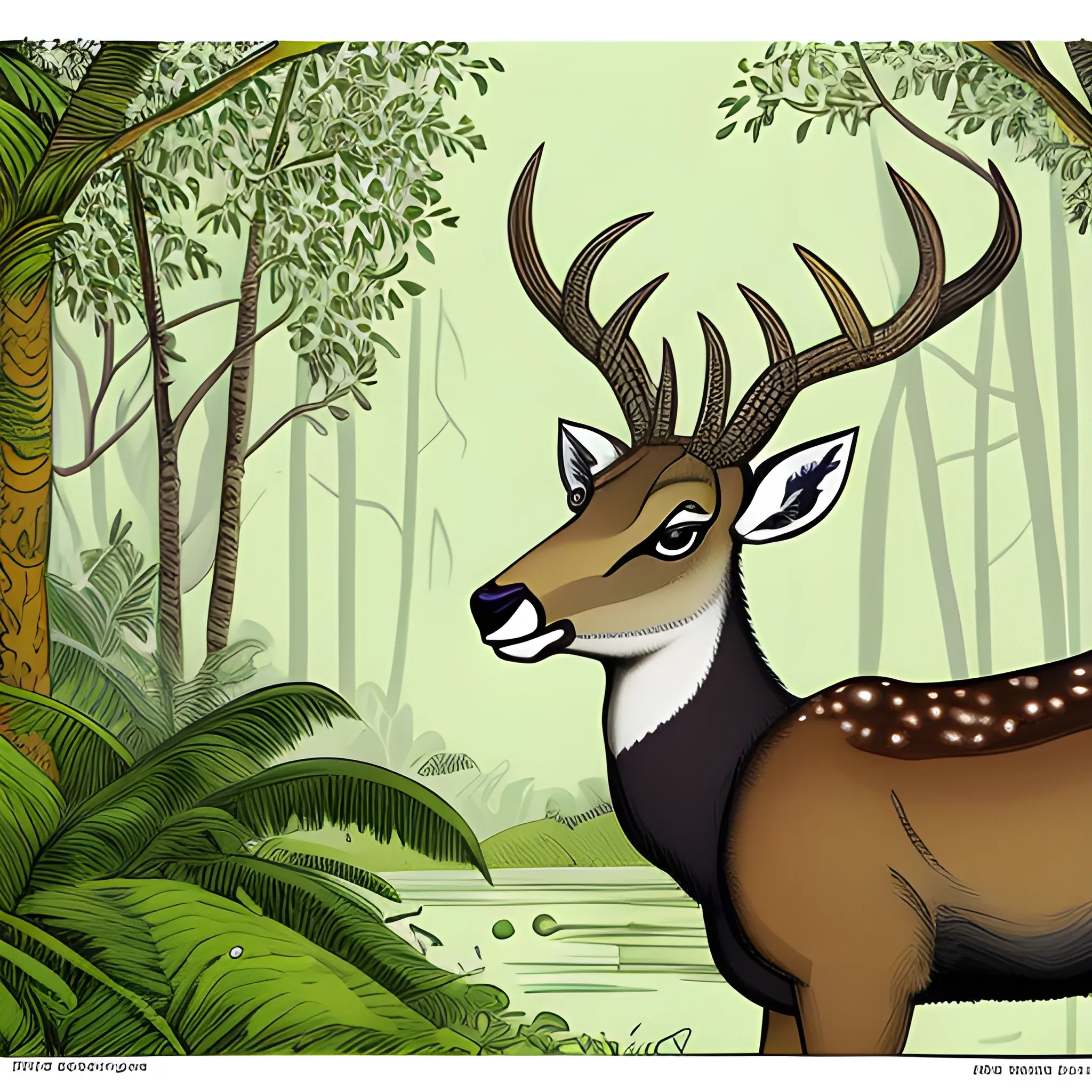 a New Yorker magazine cartoon about a sambar deer in the jungle, highly detailed, sharp focus, crisp, quality, Cartoon, 