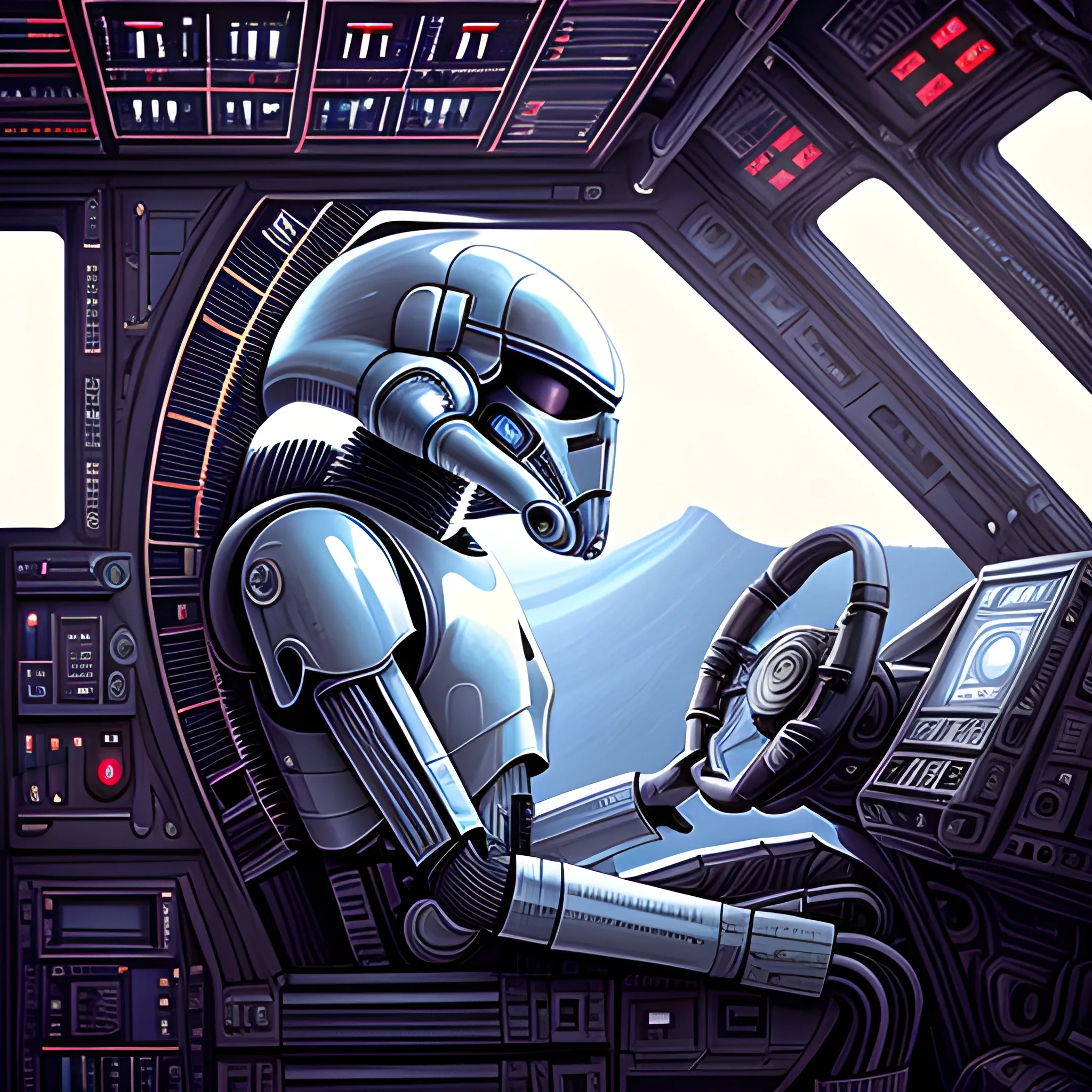 A detailed and intricate digital art piece in a cinematic style, this ultra high resolution portrait of a star wars-like alien sitting on the cockpit of a spaceship.