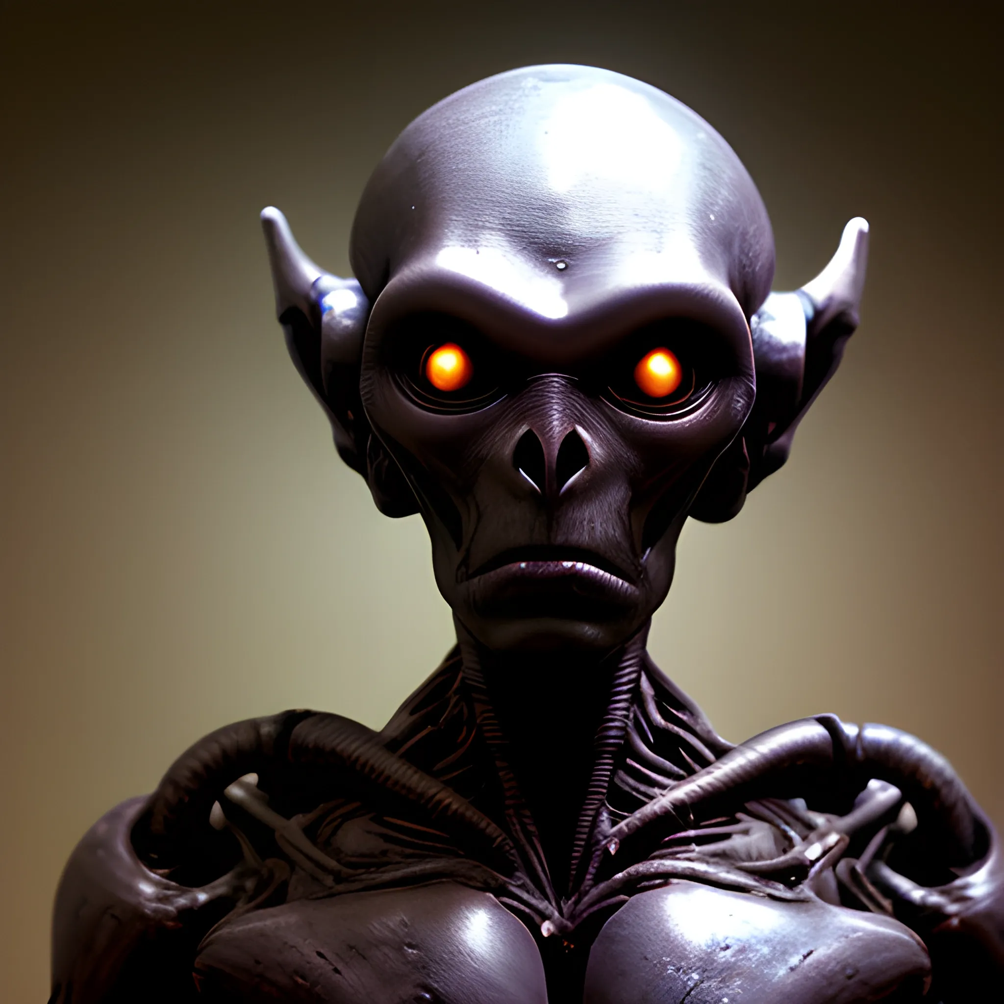 A high resolution photo of a dark humanoid alien, this alien engineer is a masterpiece, no eyes