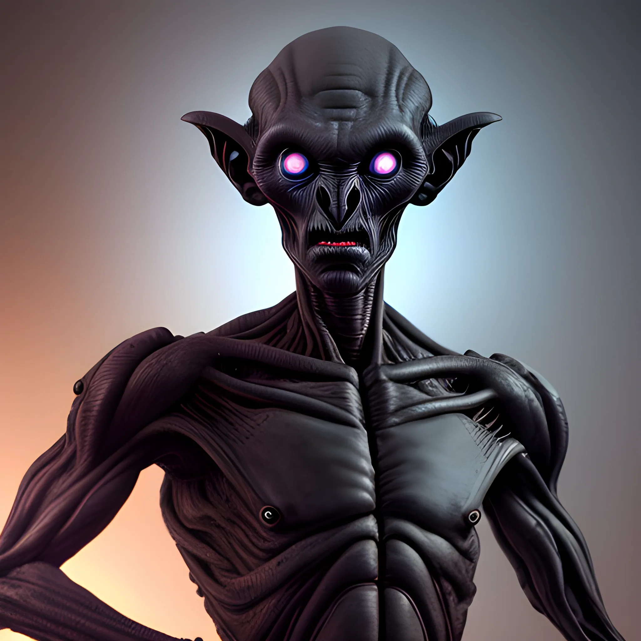 A high resolution photo of a dark humanoid alien, this alien engineer is a masterpiece