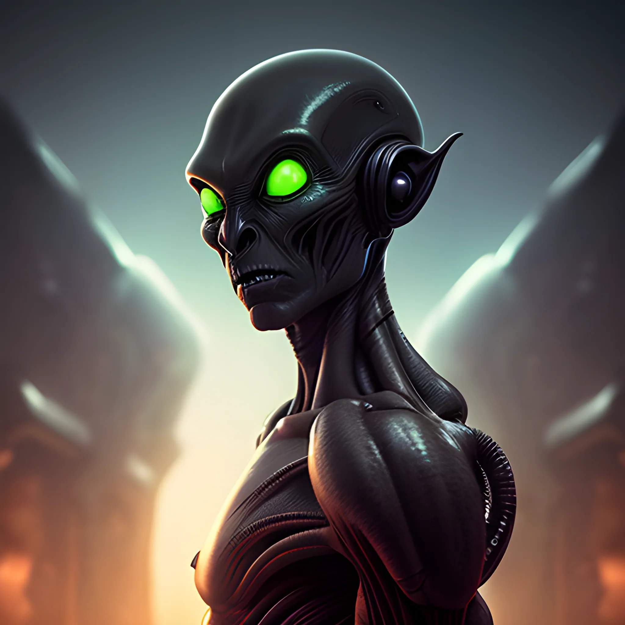 A high resolution, cinematic photo of a dark humanoid alien, this alien engineer is a masterpiece
