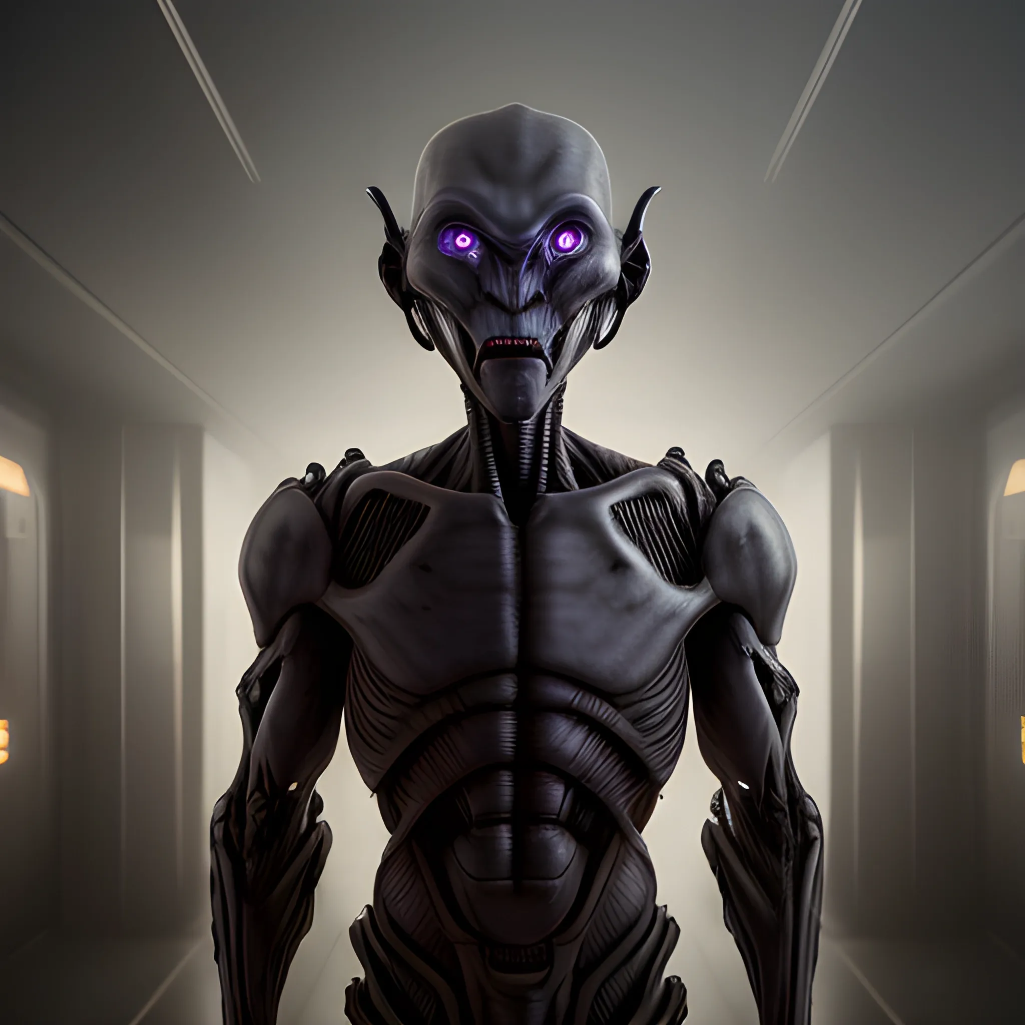 A high resolution, cinematic photo of a dark humanoid alien engineer
