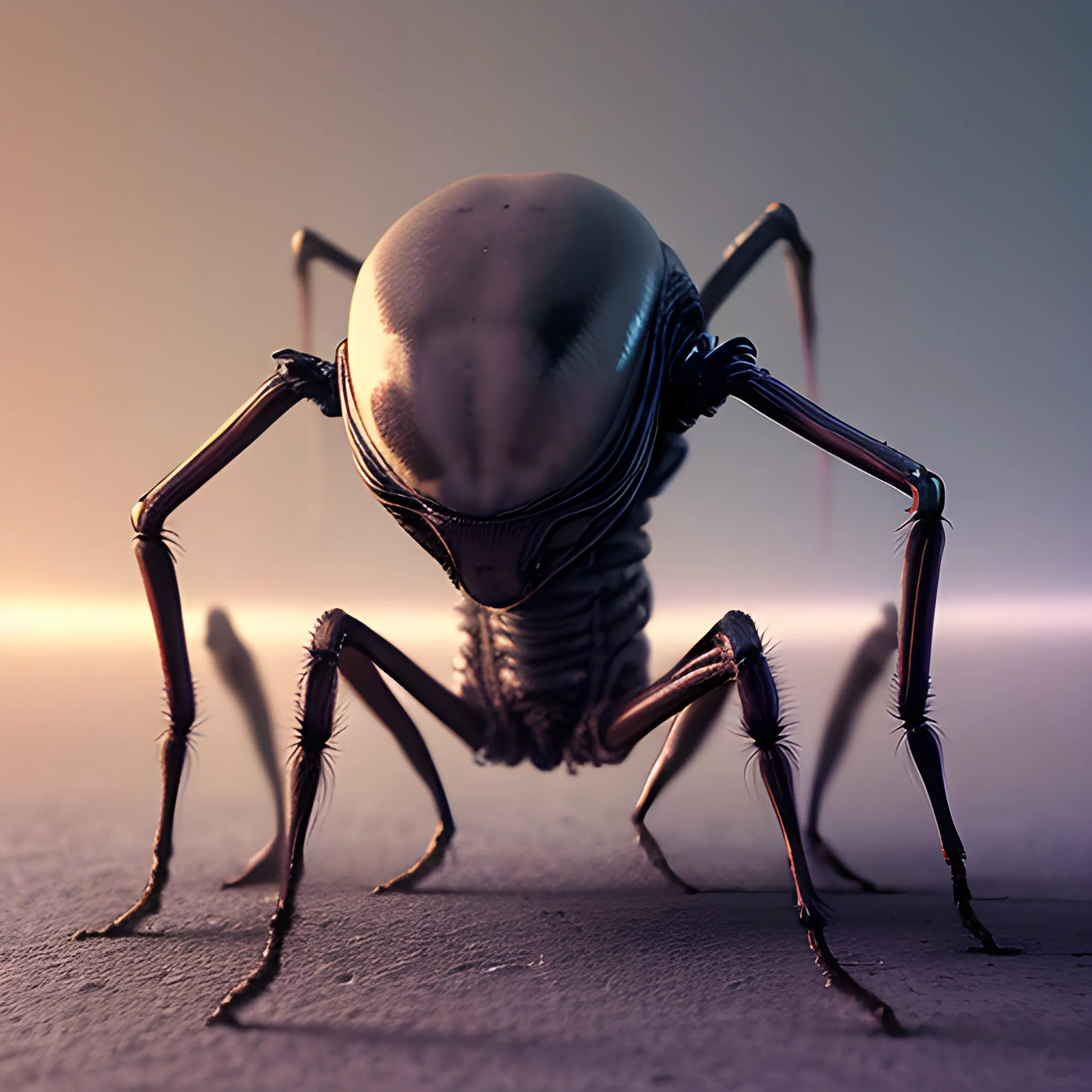 A high resolution, cinematic photo of a alien with spider legs coming put of it's head
