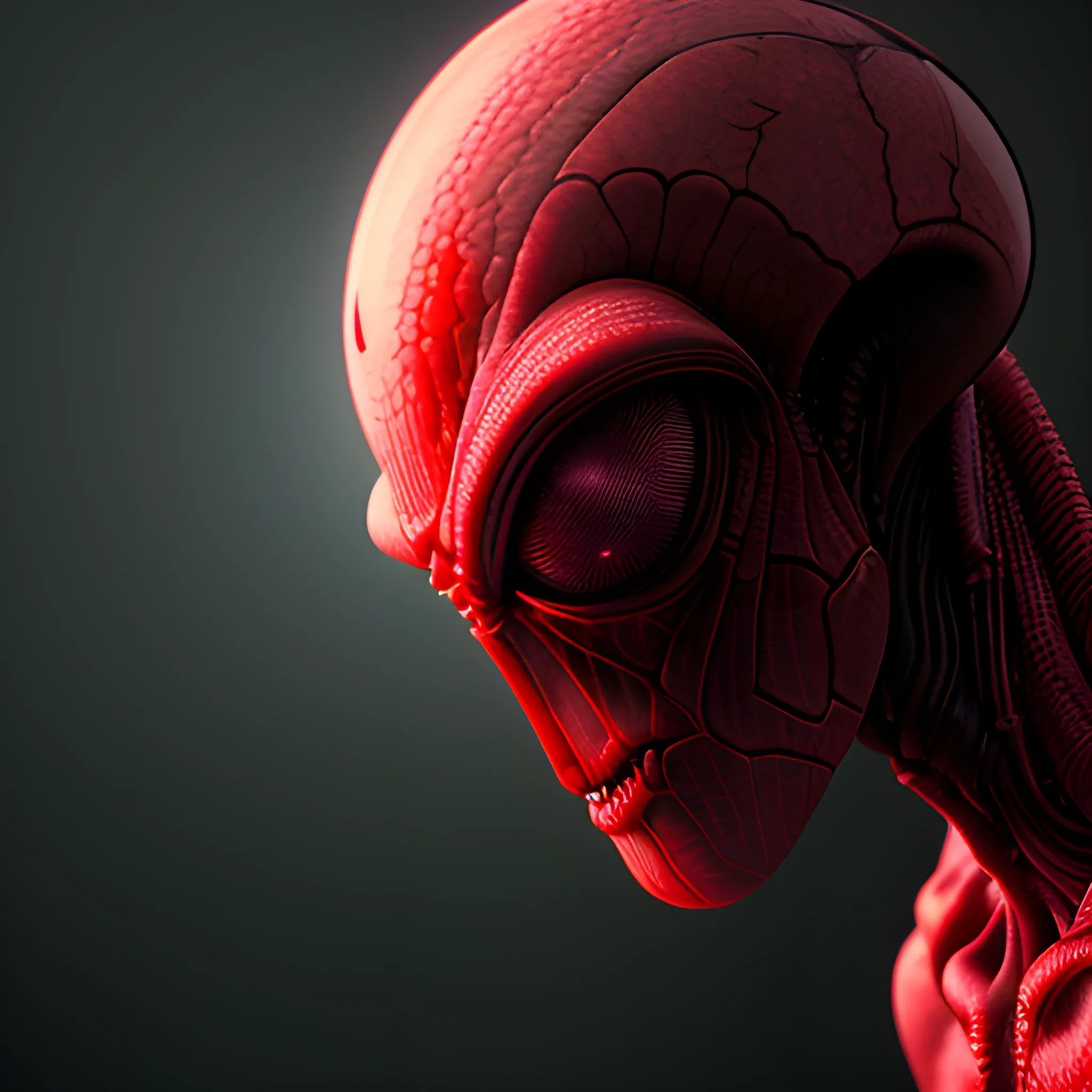 A high resolution, cinematic sideprofile photo of a alien with spider legs coming put of it's head, red eyes