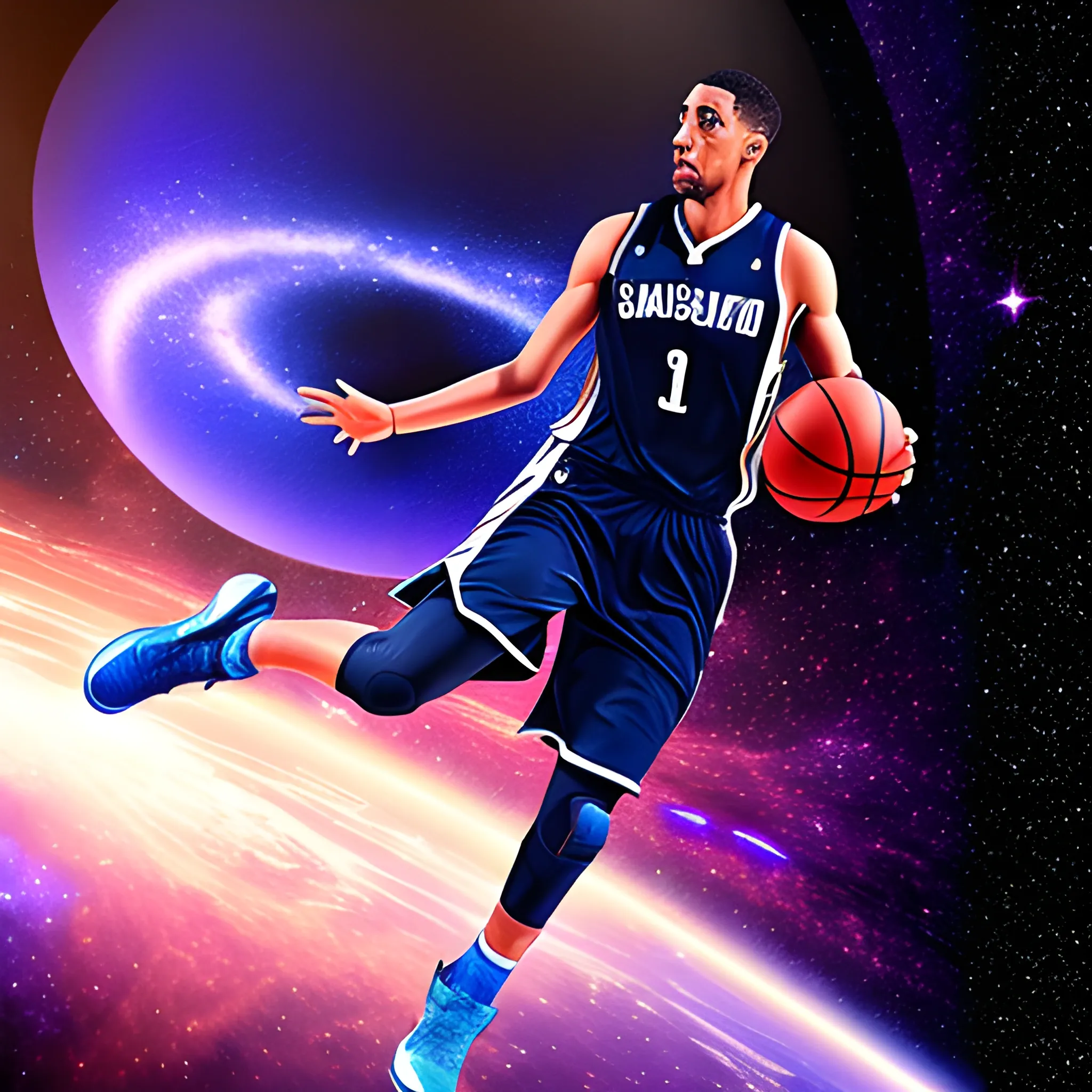 A BASKETBALL PLAYER IN SPACE WITH A GALAXY IN THE BACKGROUND, 3D