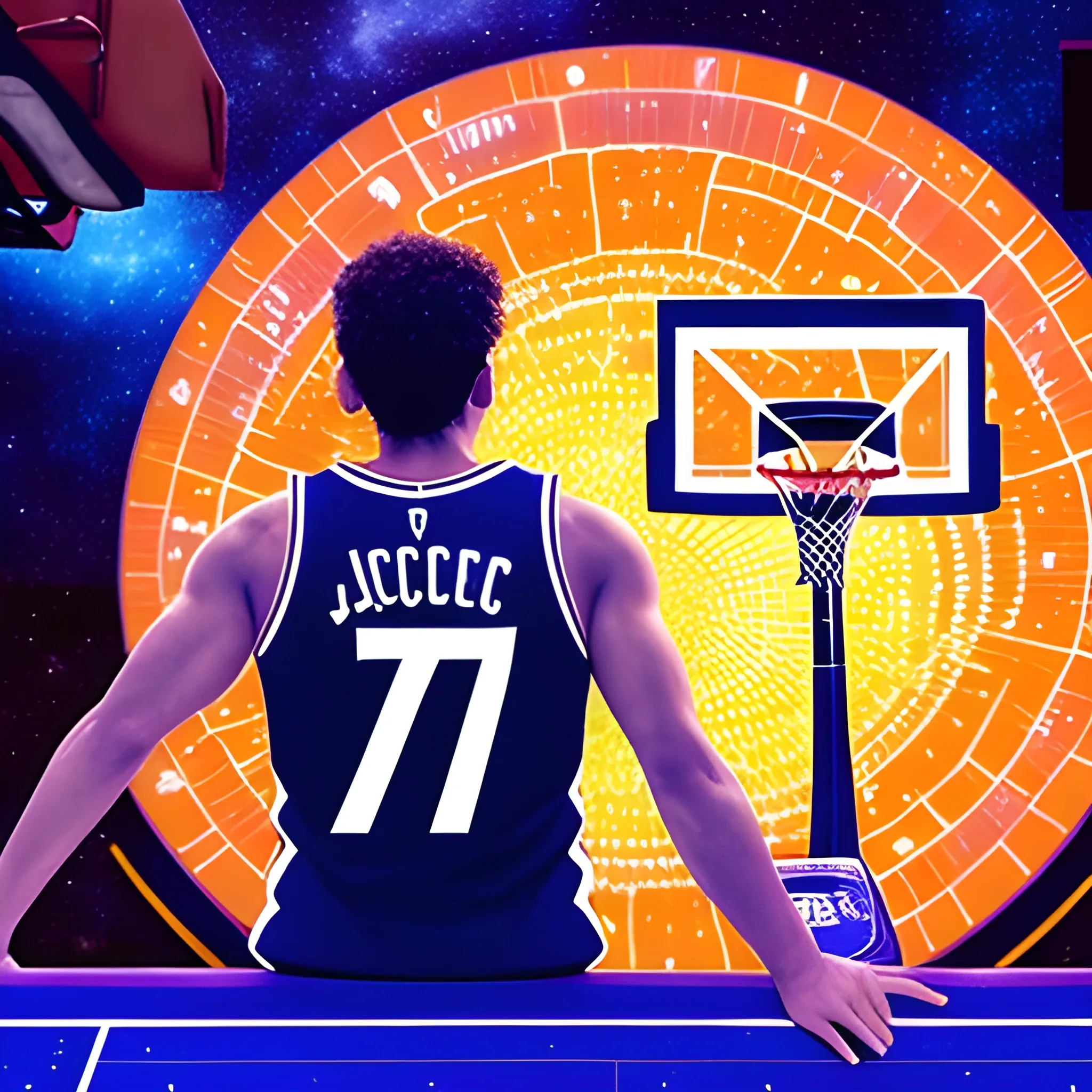 
A PLAYER FROM THE BACK (ON THE BACK SHOULD SAY JACS CO THE NUMBER 79) DRINKS IN THE BASKETBALL HOOP IN SPACE WITH A GALAXY IN THE BACKGROUND, 3D