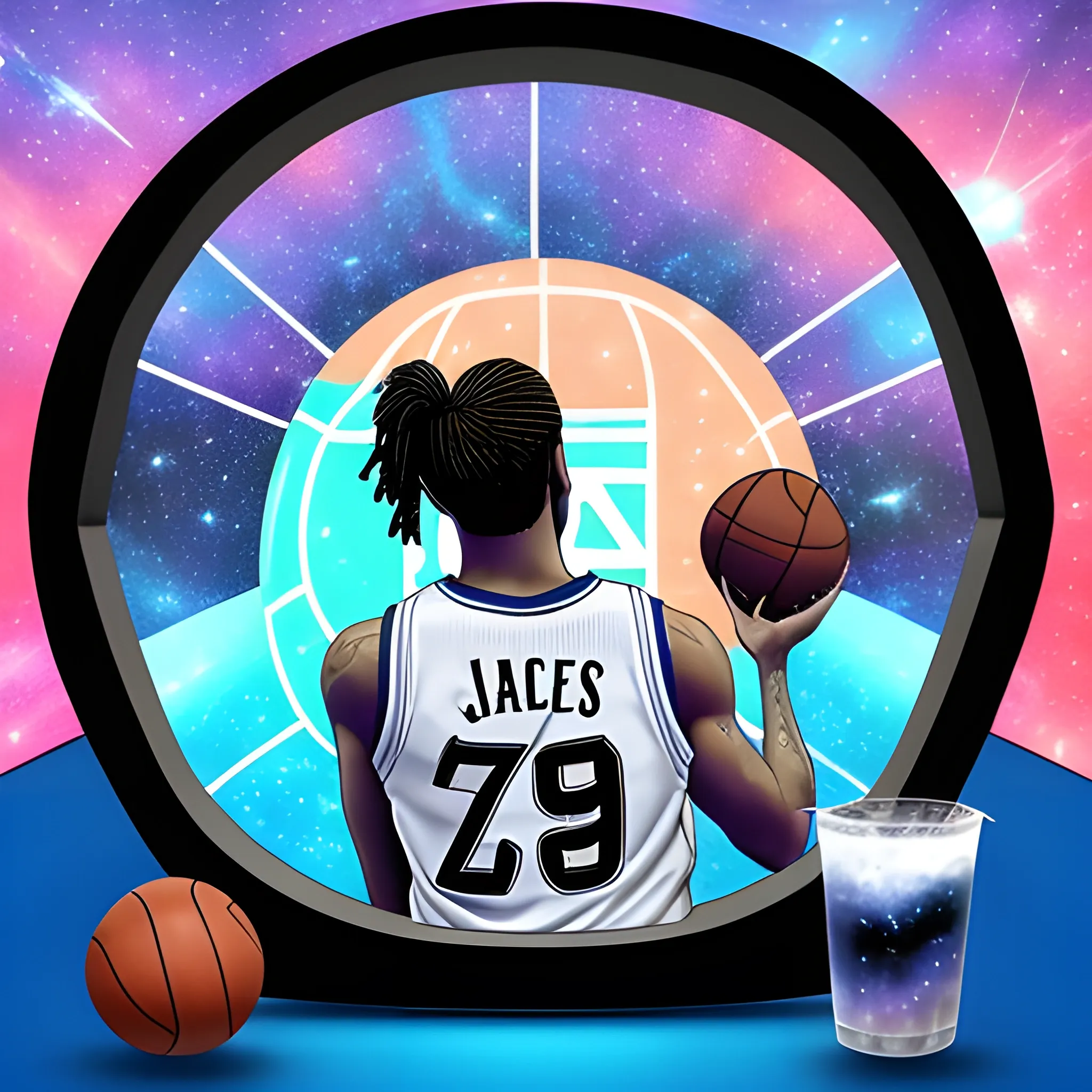 
A PLAYER FROM THE BACK (ON THE BACK IT SHOULD SAY JACS WITH THE NUMBER 79) DRINKS IN THE BASKETBALL HOOP IN SPACE WITH A GALAXY IN THE BACKGROUND, 3D