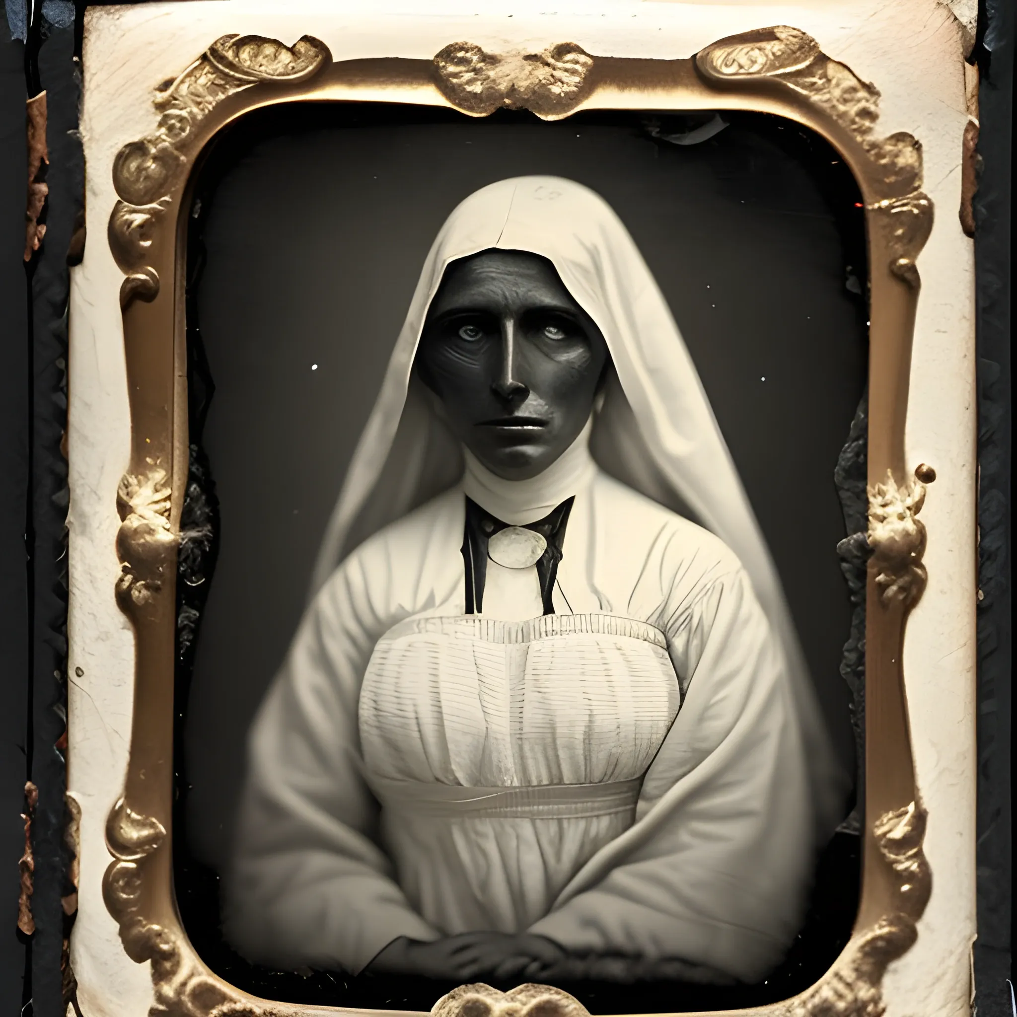 tintype photograph of a ghost draped in a white sheet