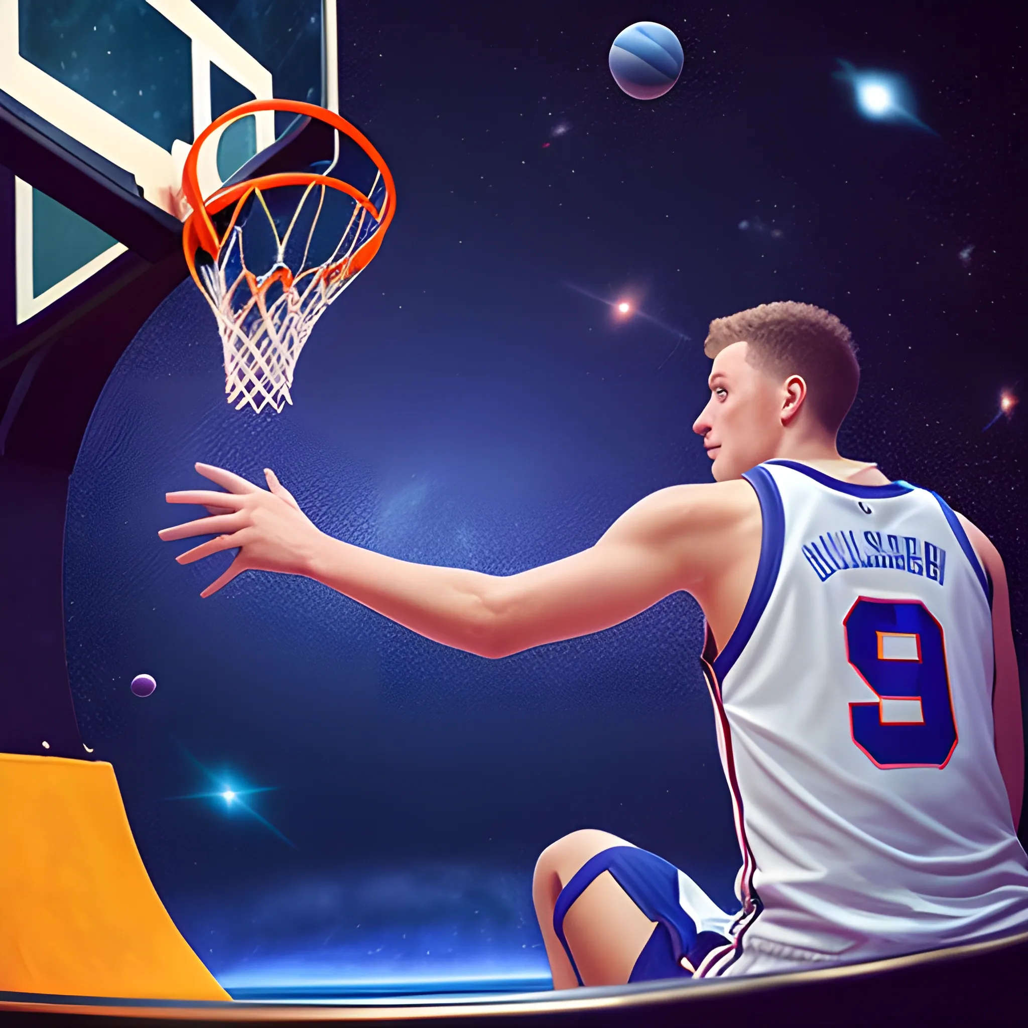 
A PLAYER FROM THE BACK (JACS 79) DRINKS IN THE BASKETBALL HOOP IN SPACE WITH A GALAXY IN THE BACKGROUND, 3D