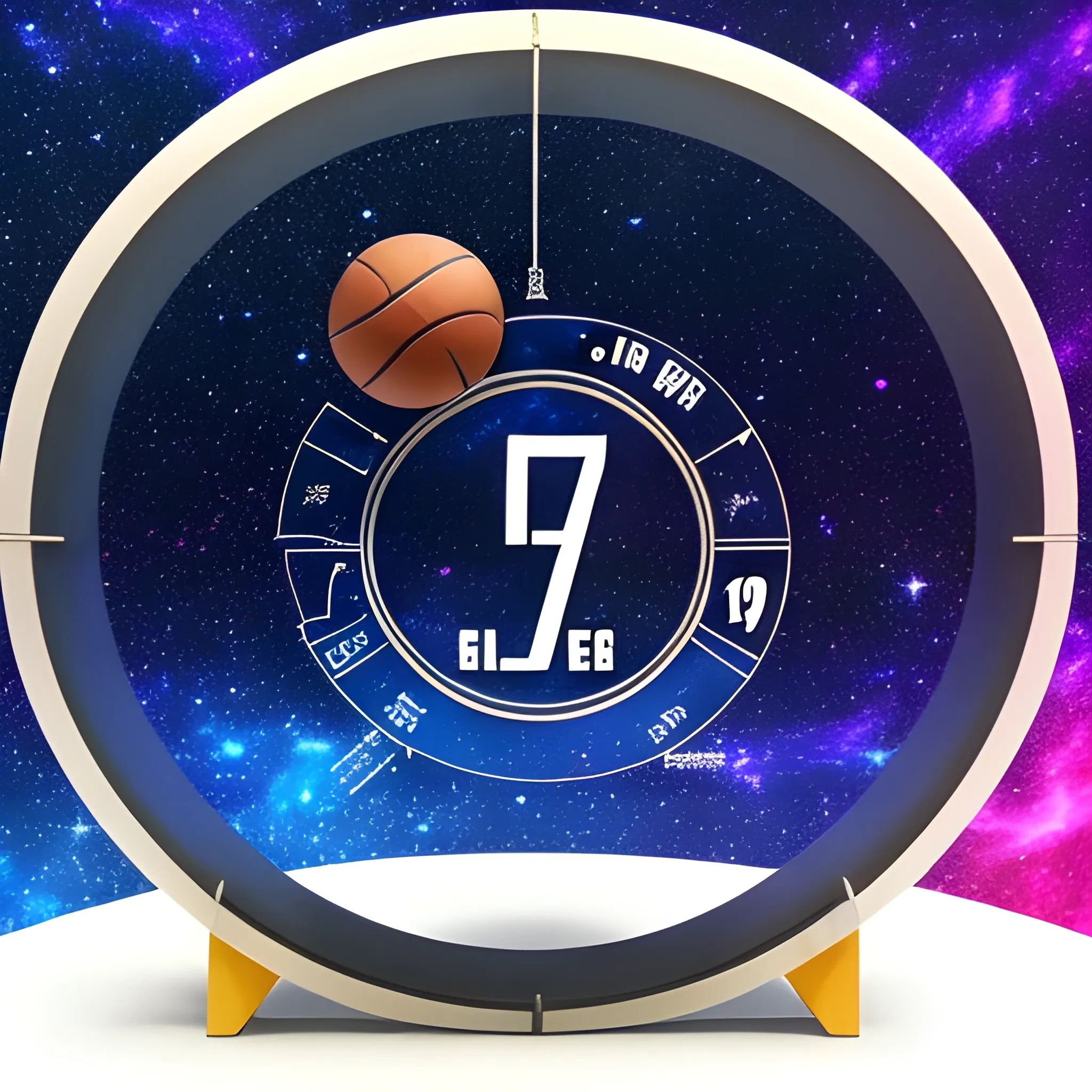 
A BACK PLAYER IN THE BACK SHOULD SAY (JACS WITH THE NUMBER 79) DAMNING IN THE BASKETBALL HOOP IN SPACE WITH A GALAXY BACKGROUND, 3D