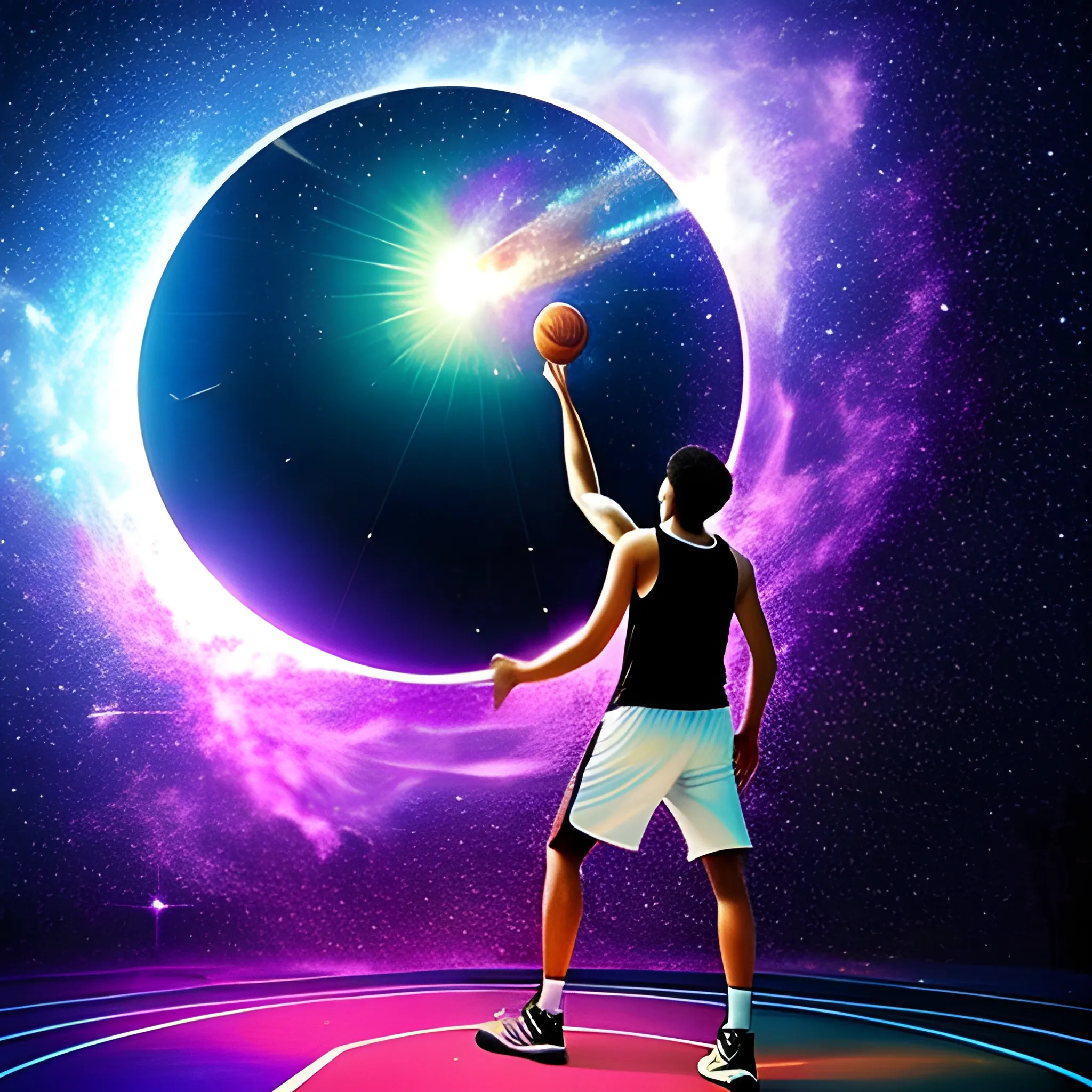 

A PLAYER FROM THE BACK SHOTS A BASKETBALL HOOP IN SPACE WITH A GALAXY IN THE BACKGROUND, Trippy