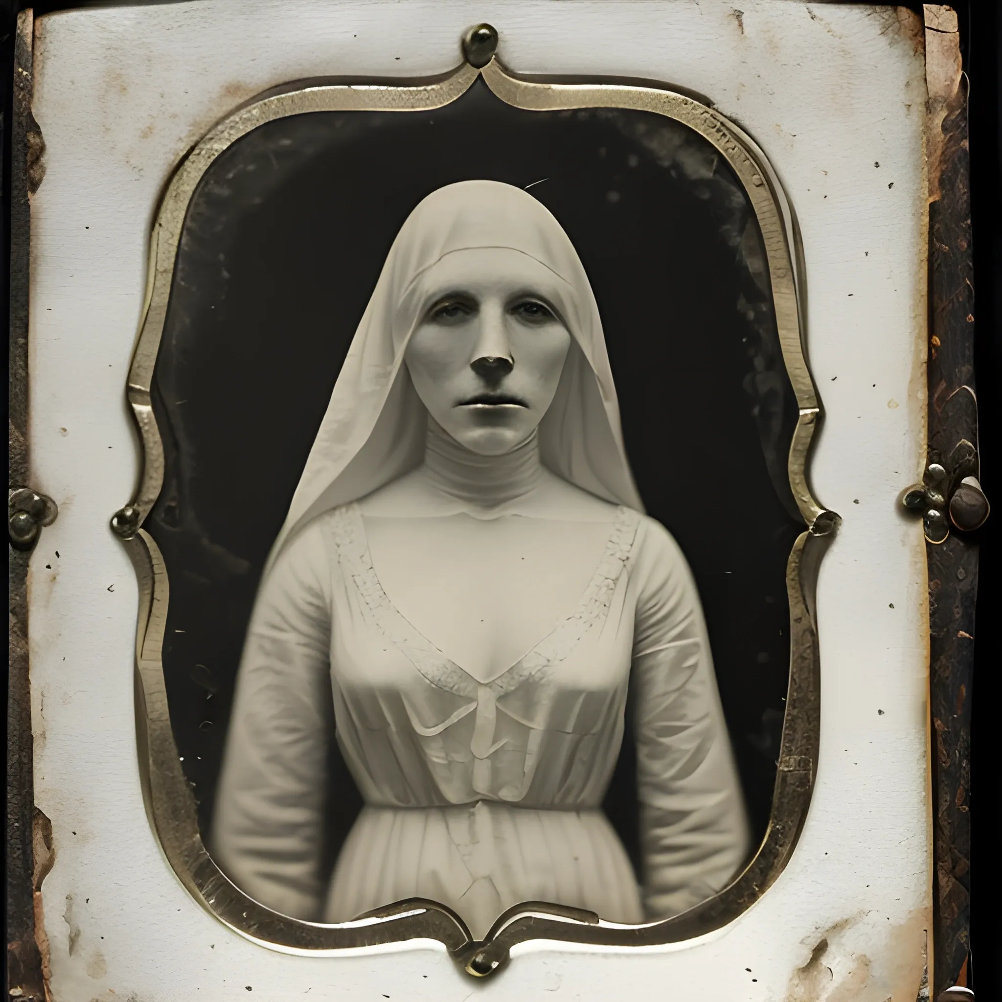 tintype photograph of a ghost draped in a white sheet, pale skin
