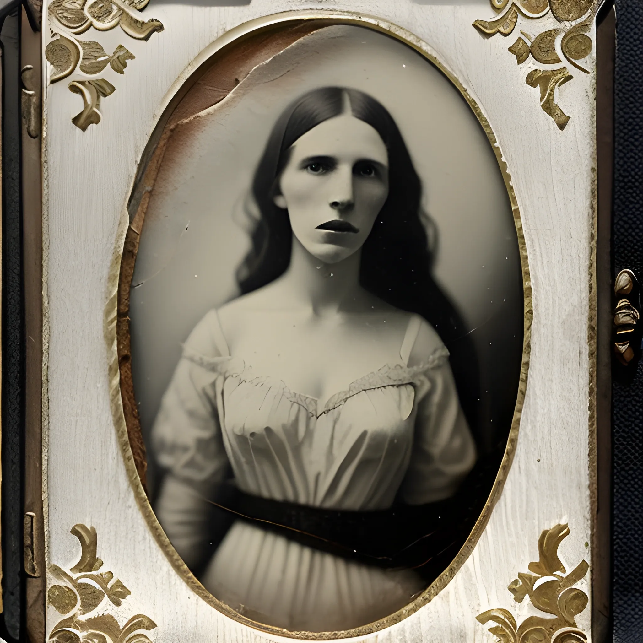 tintype photograph of a ghost draped in a white sheet, pale skin, (distressed image:0.3), ###eyes
