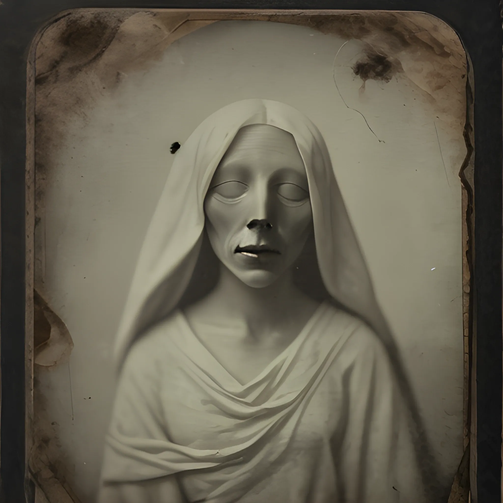 tintype photograph of a ghost draped in a white sheet, pale skin, (distressed image:0.3), no eyes, no eyeballs, missing eyes

