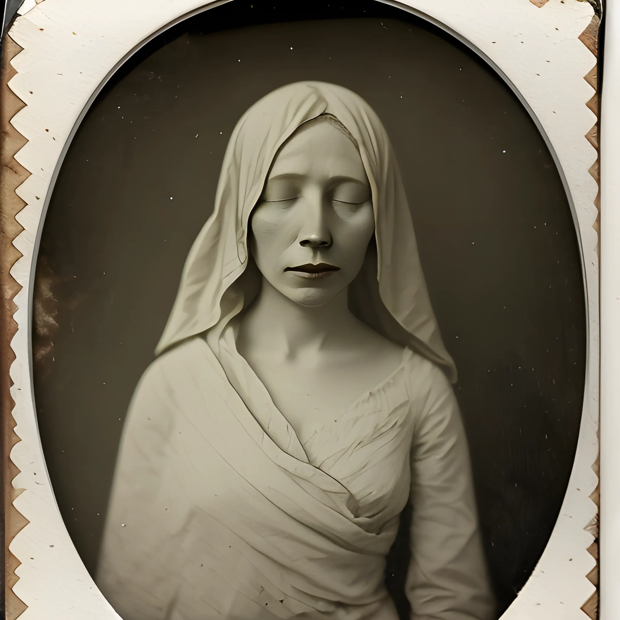 tintype photograph of a pale woman draped in a white sheet, pale skin, (distressed image:0.5), no eyes, no eyeballs, missing eyes, highly detailed

