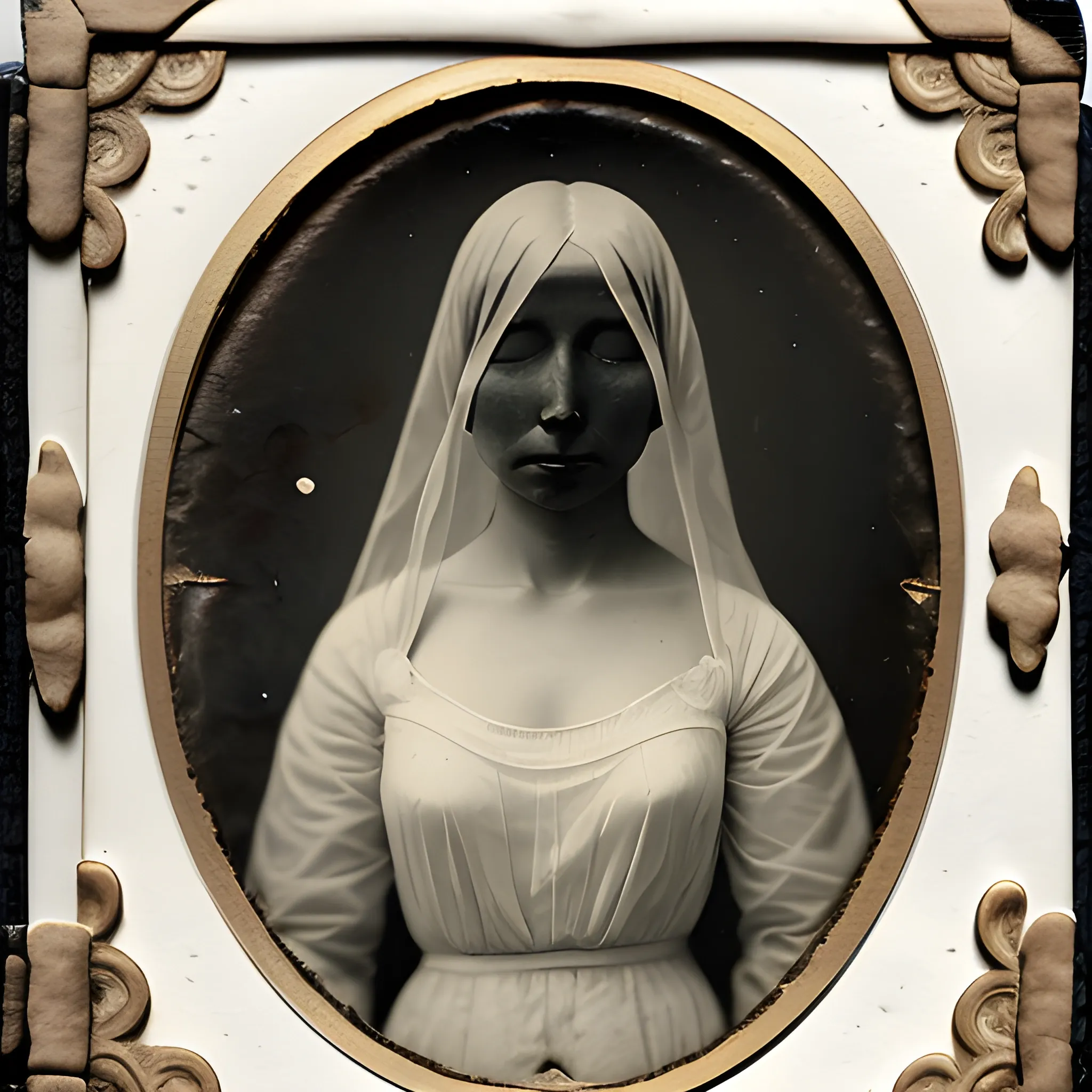 tintype photograph of a pale woman draped in a sheer white sheet, translucent pale skin, no eyes, no eyeballs, missing eyes, highly detailed