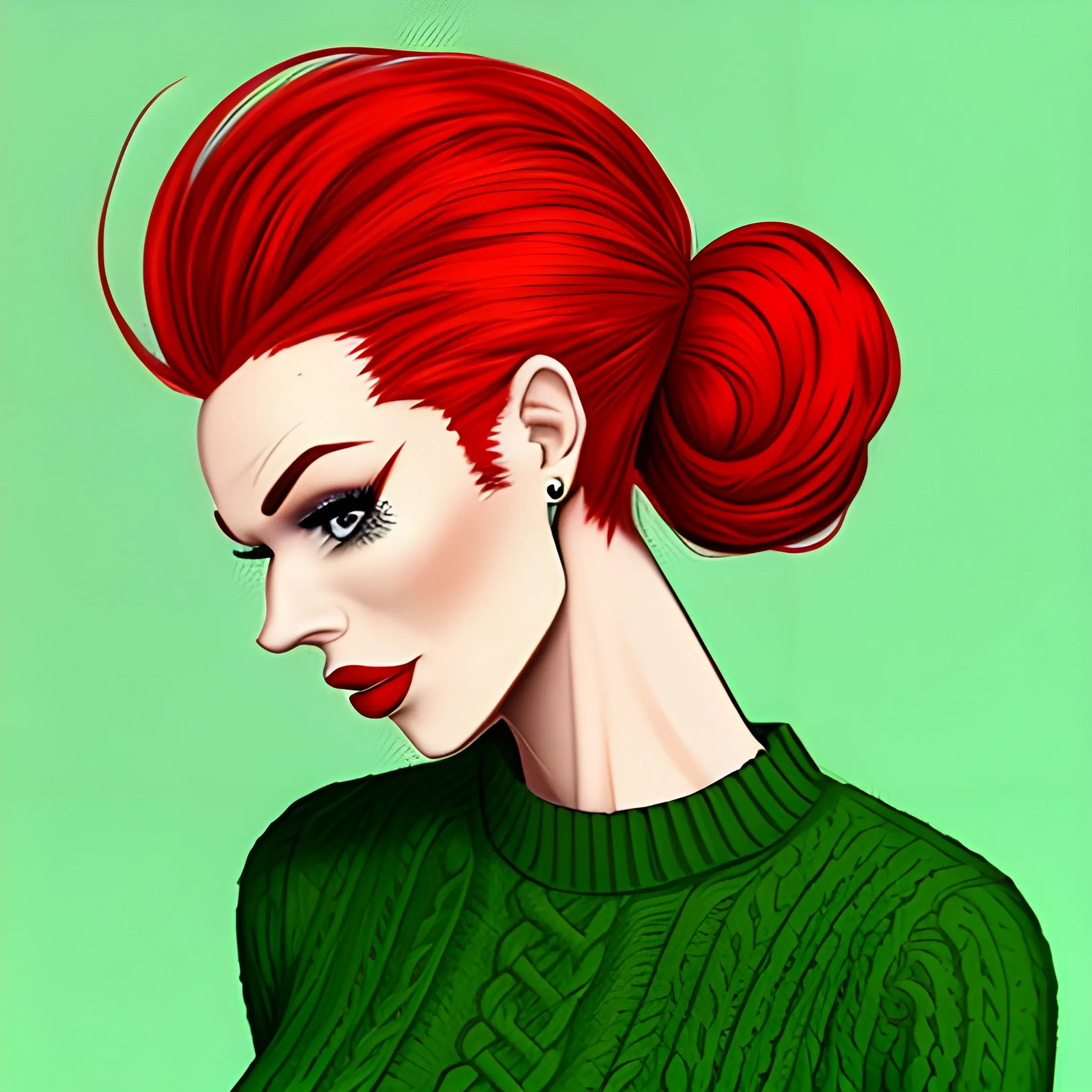 cartoon girl, red hair with messy bun, wearing green sweater