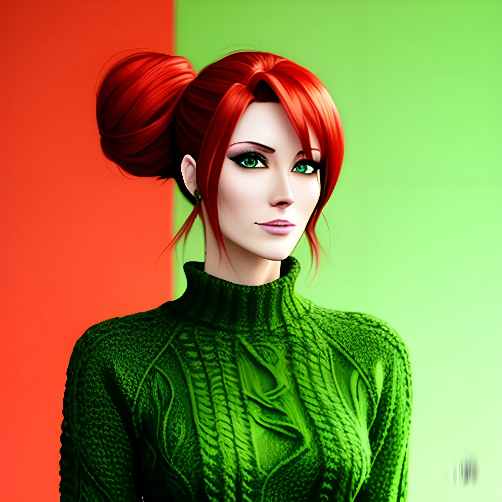 anime cartoon girl, red hair with messy bun, wearing green sweater