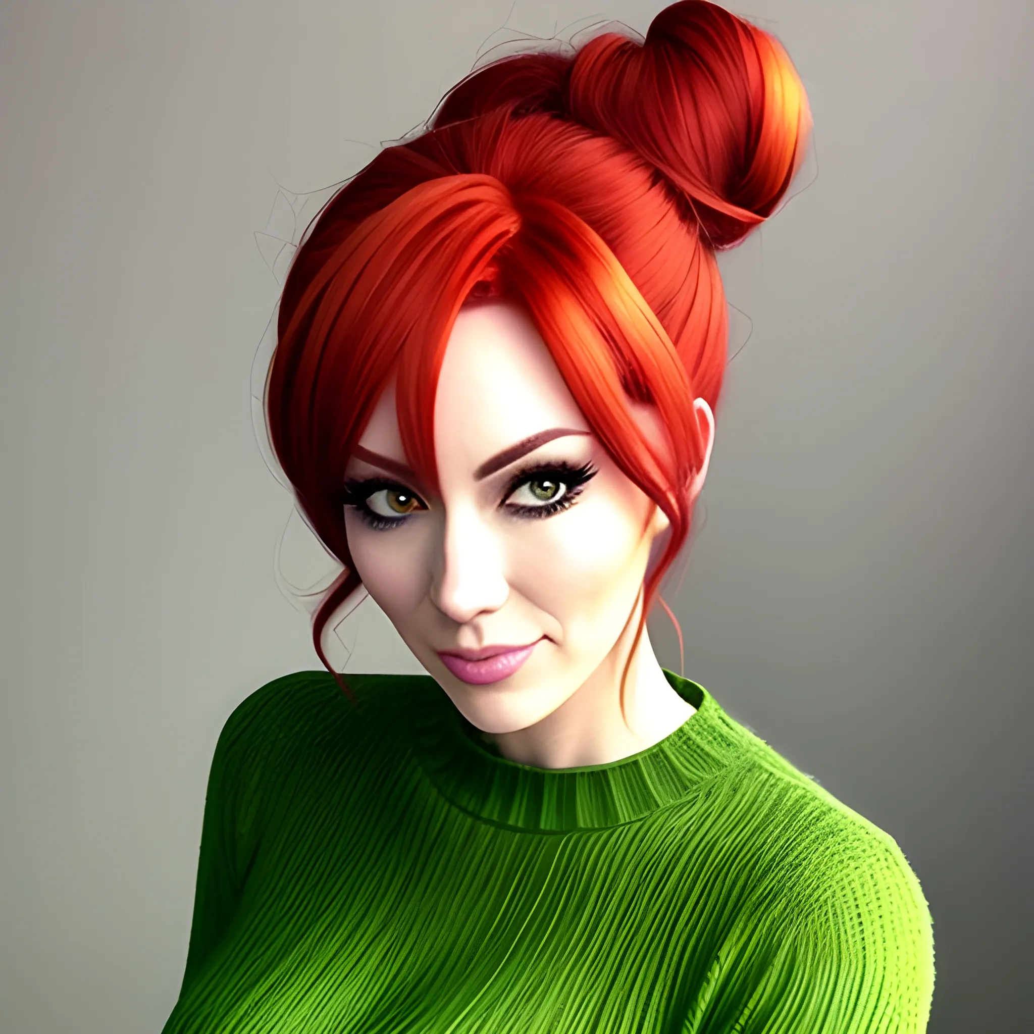 anime girl, red hair with messy bun, wearing green sweater