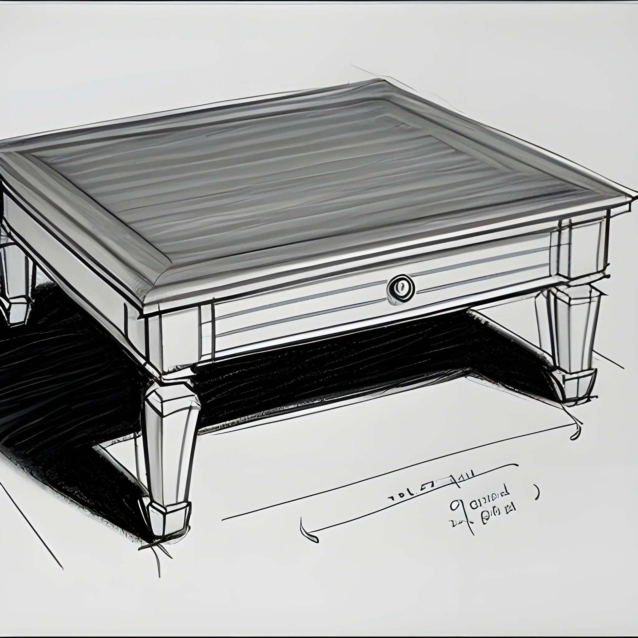 Detailed sketch of a coffee table, depicted on a white background. Pencil sketch. 3 views.