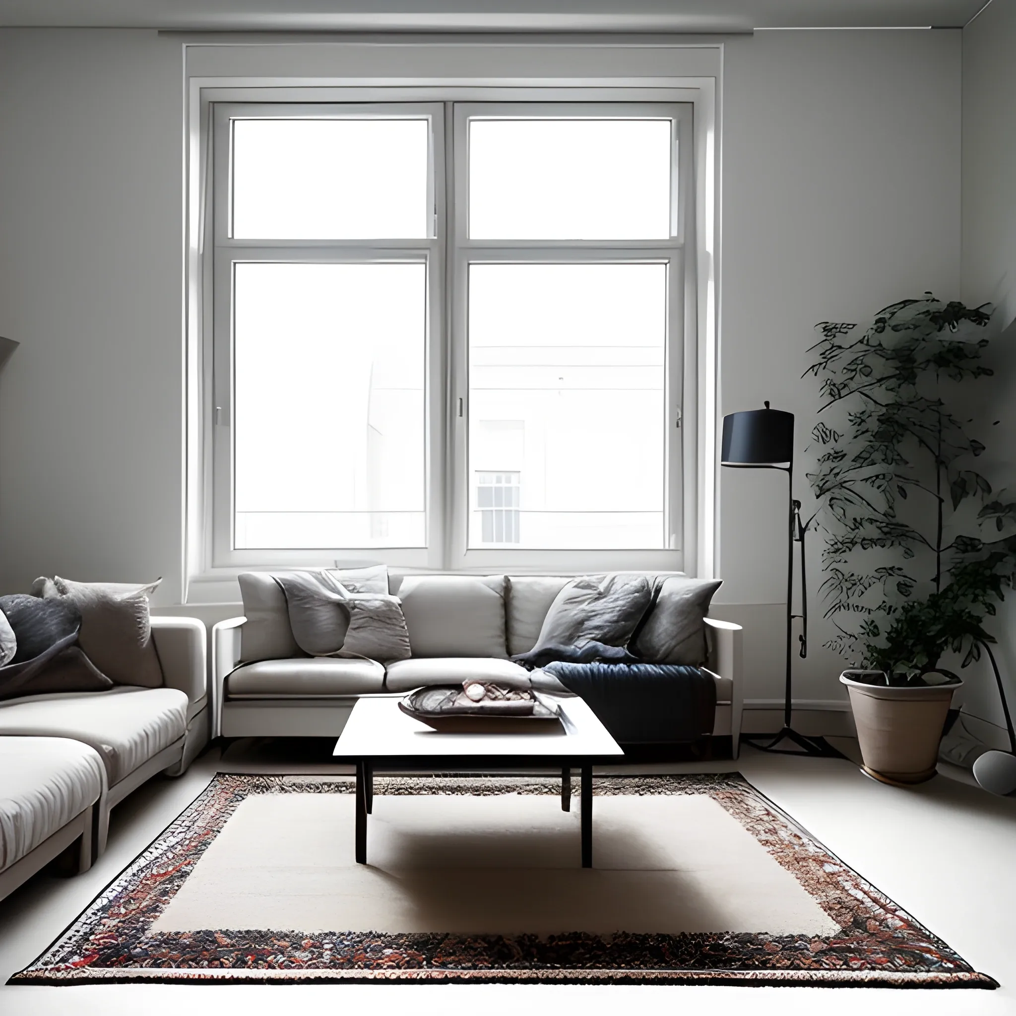 extremely detailed Raw photo, interior design minimalistic living room, studio quality, ambient lighting, 30mm,perfect window,textiles pillows, detailed carpet,high-resolution photography,perfect composition