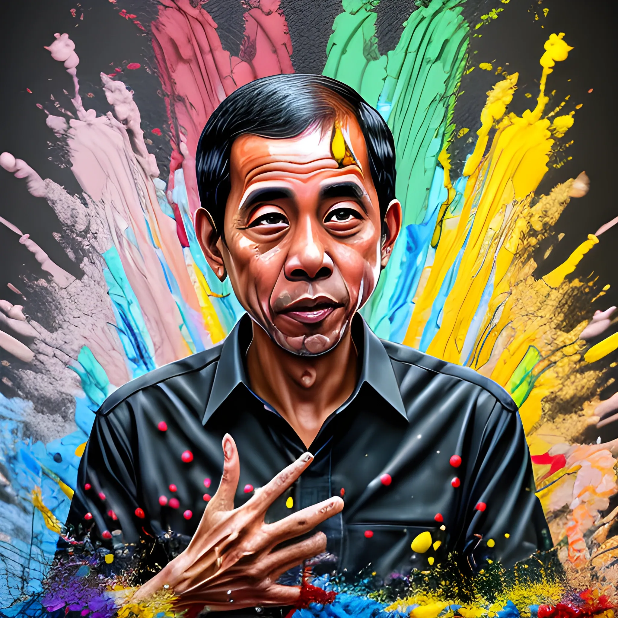 jokowi, painting with passion, paint splashes in the air, high detail, 8K resolution, ultra high definition picture