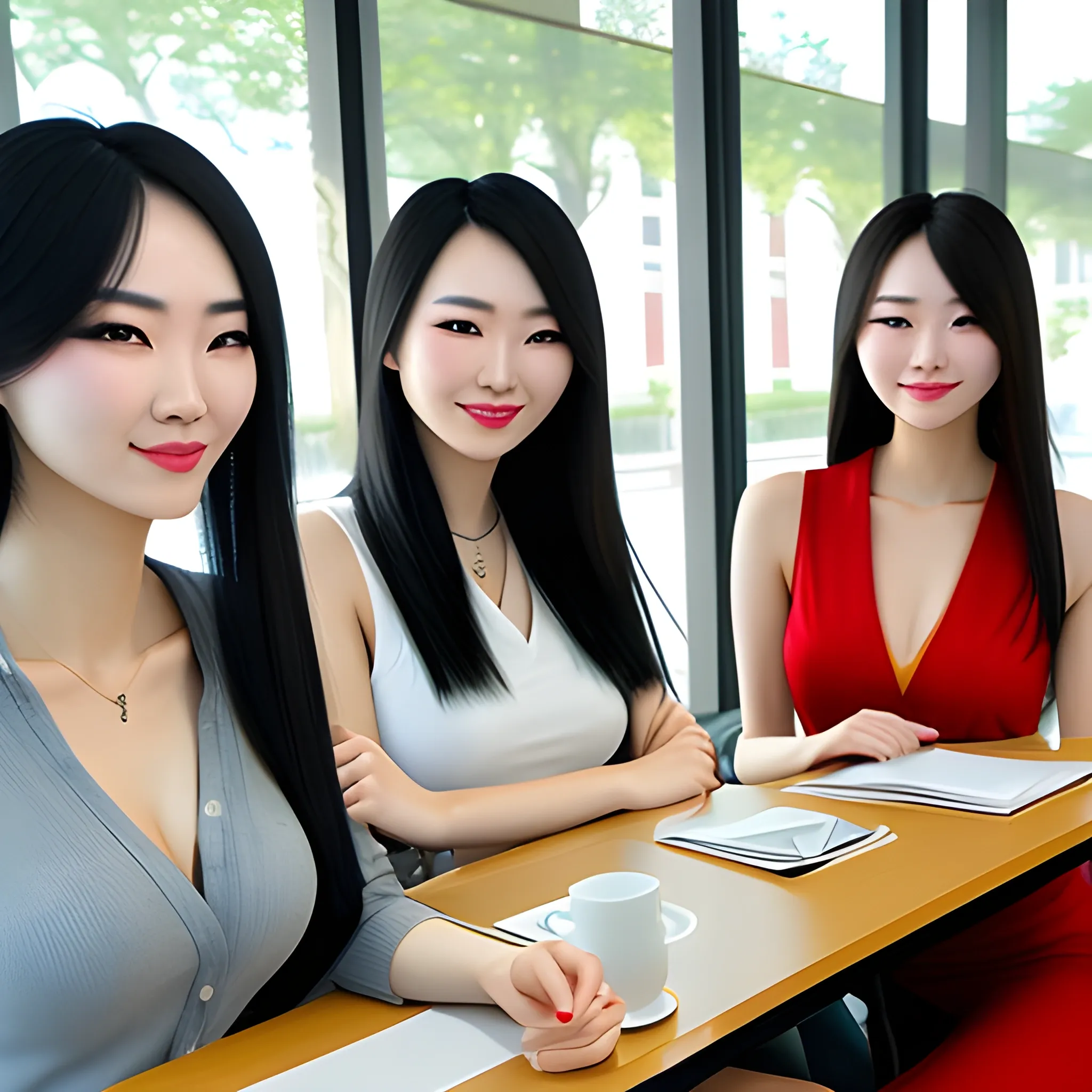 a beautiful  chinese gril sitting in classroom with her friends

