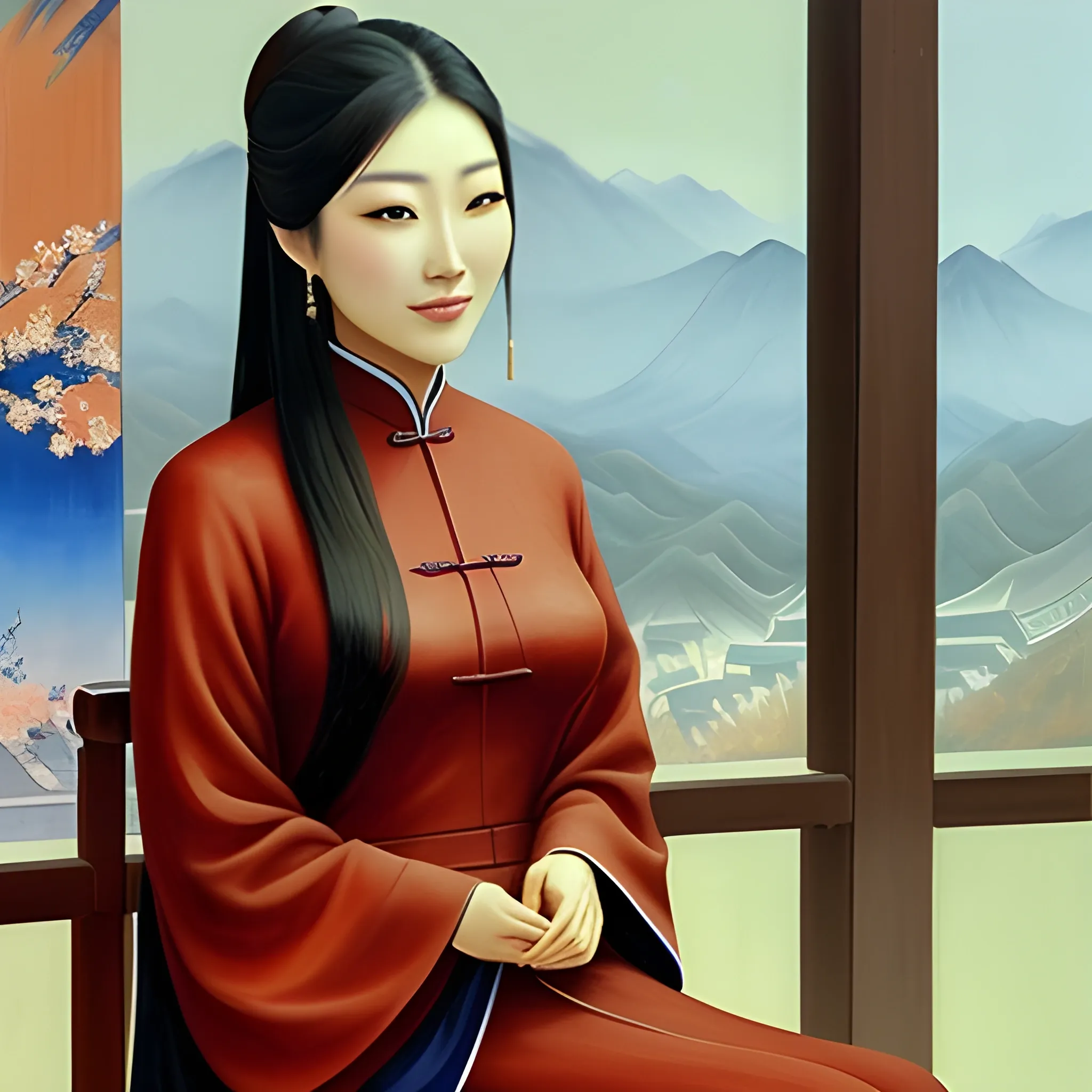 a beautiful  chinese gril sitting in classroom with her friends

, Oil Painting