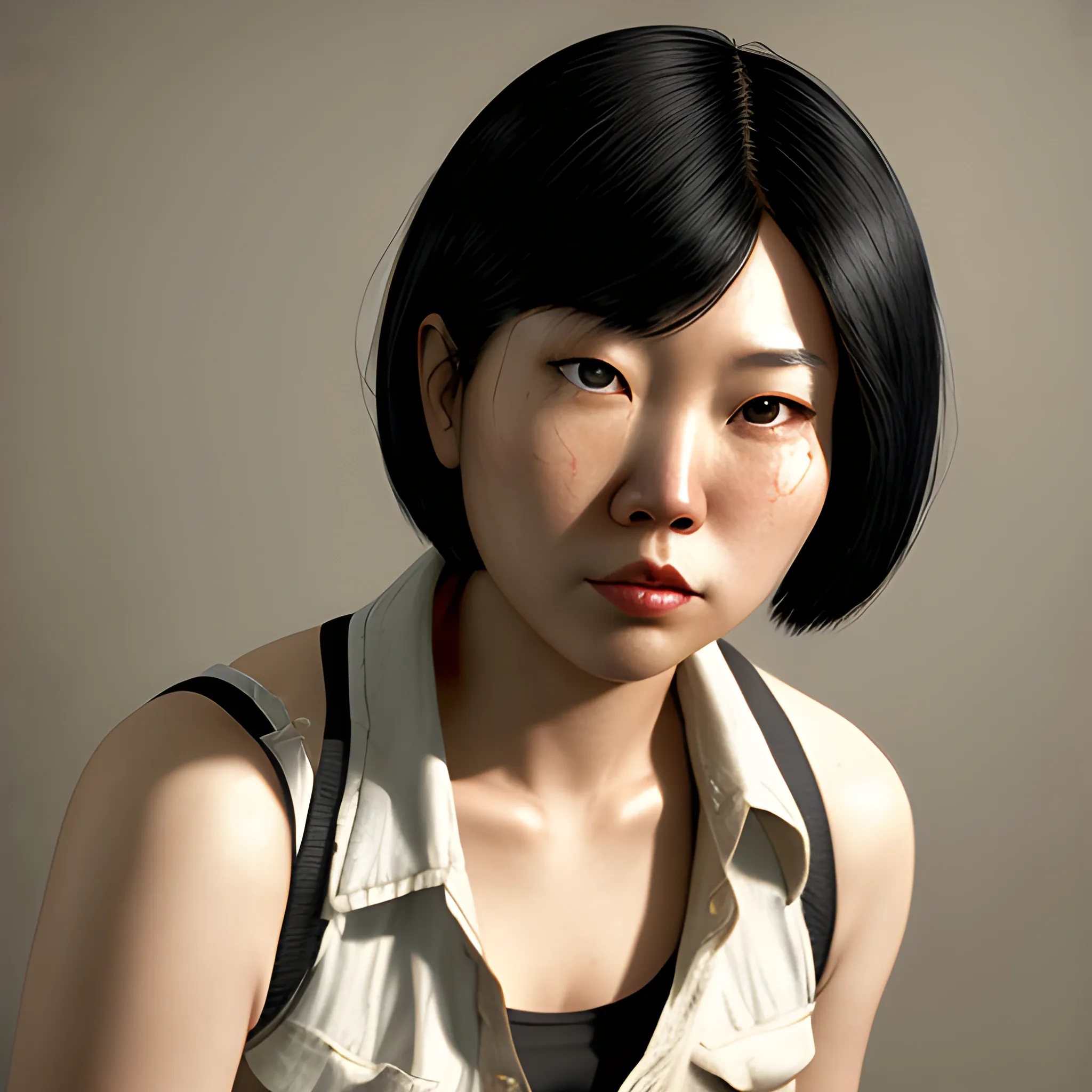 In the style of fallout 1, (masterpiece), (portrait photography), (portrait of an adult Asian-American female), no makeup, flat chested, white sports bra, unbuttoned red flannel shirt, bob-cut hairstyle, black hair, black eyes