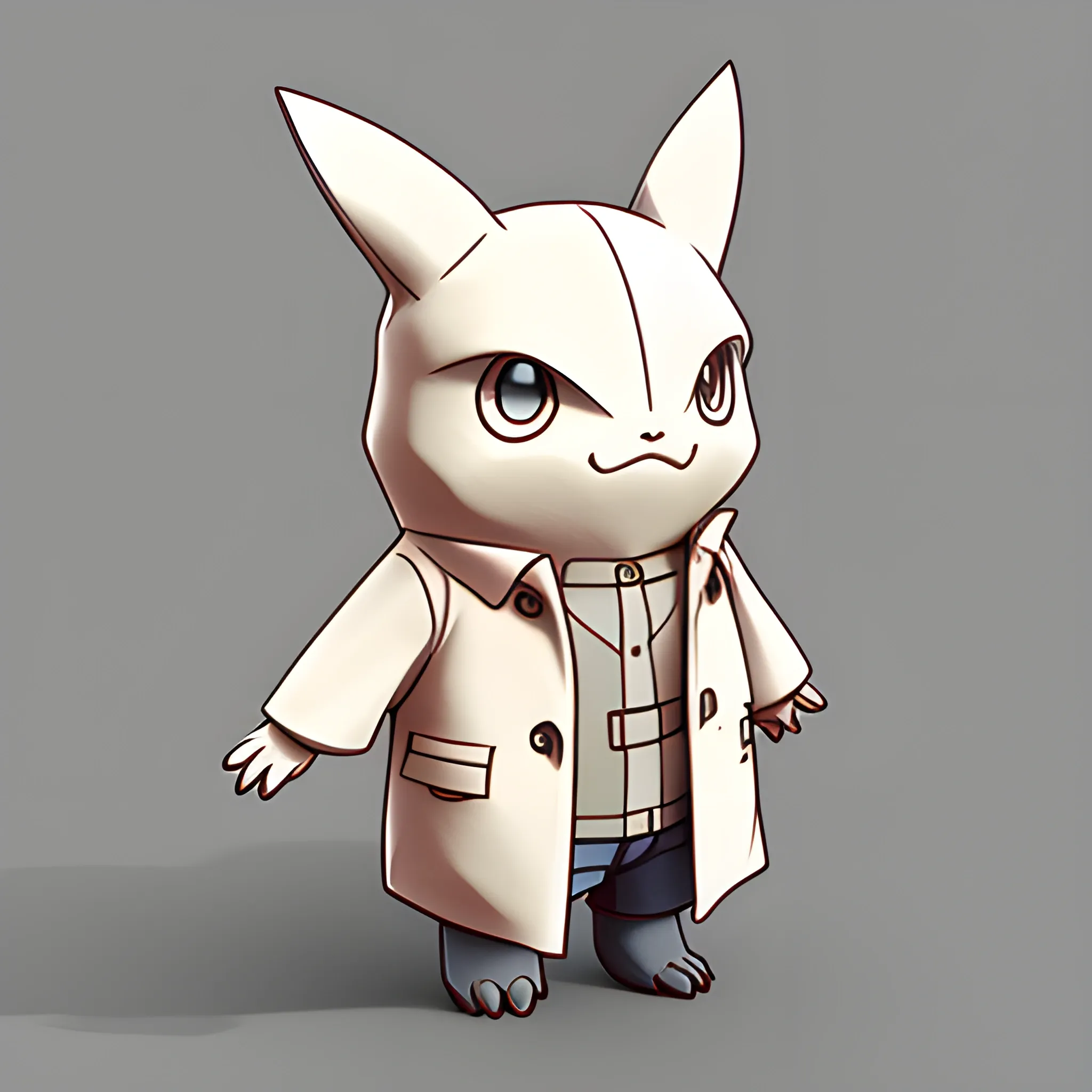 cute creature illustration, trenchcoat pokemon-like, ghibli style, 3d model clay figure, water color style, cutout png white background, Pencil Sketch