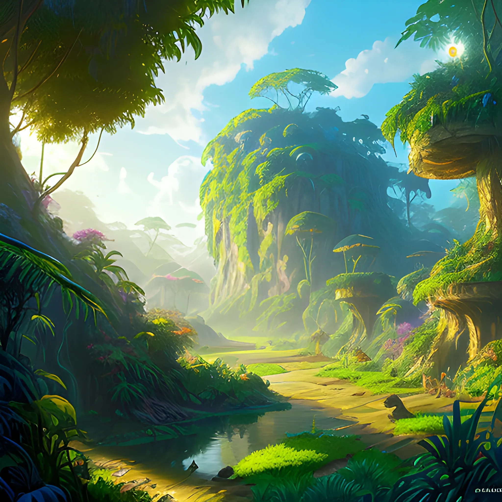 concept art painting of a fantasy jungle fairy landscape at morning sunshine, with glowing yellow lights, blue sky, realistic, detailed, cel shaded, in the style of makoto shinkai and greg rutkowski and albert bierstadt and james gurney