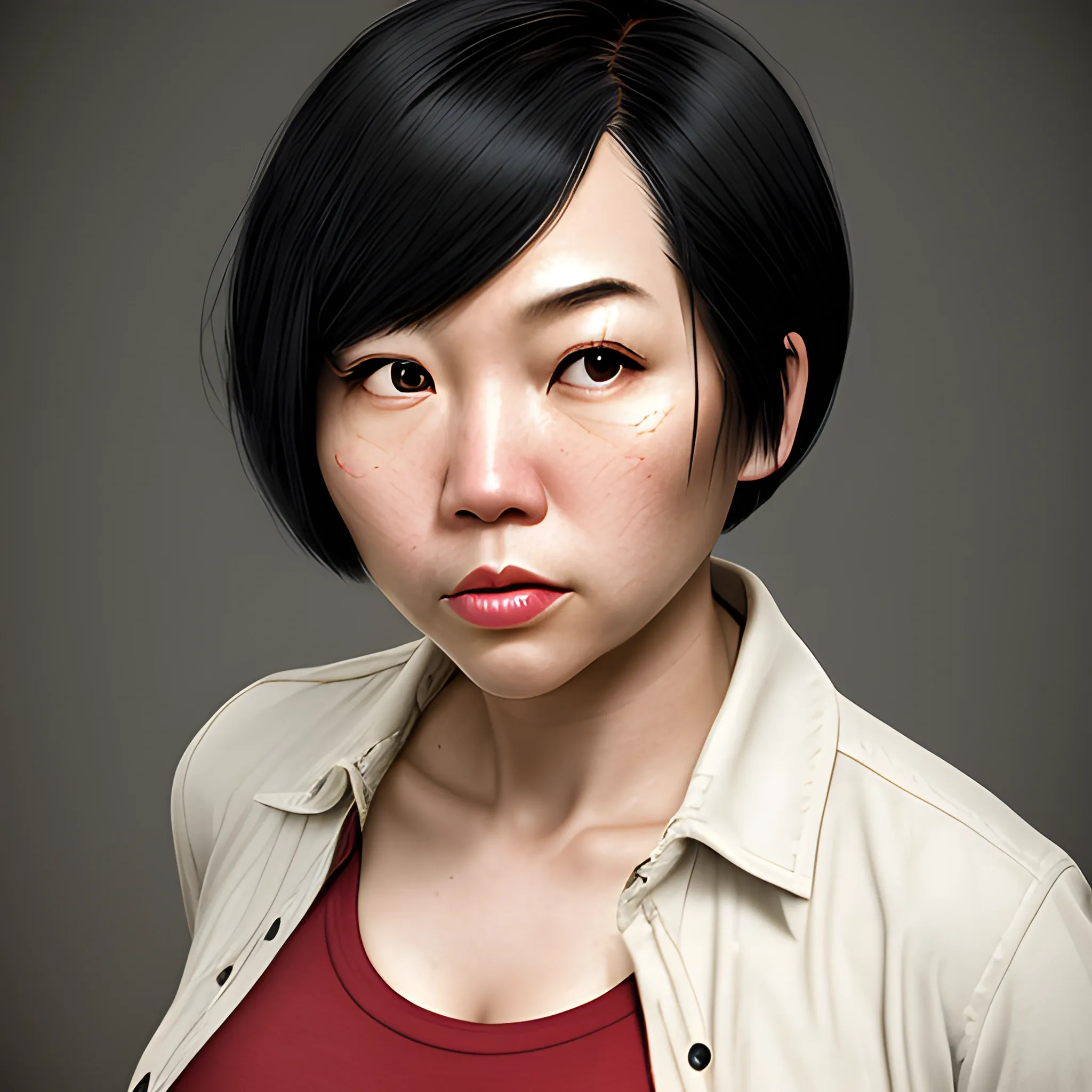 In the style of fallout 1, (masterpiece), (portrait photography), (portrait of an adult Asian-American female), no makeup, flat chested, white sports bra, unbuttoned red flannel shirt, bob-cut hairstyle, black hair, black eyes