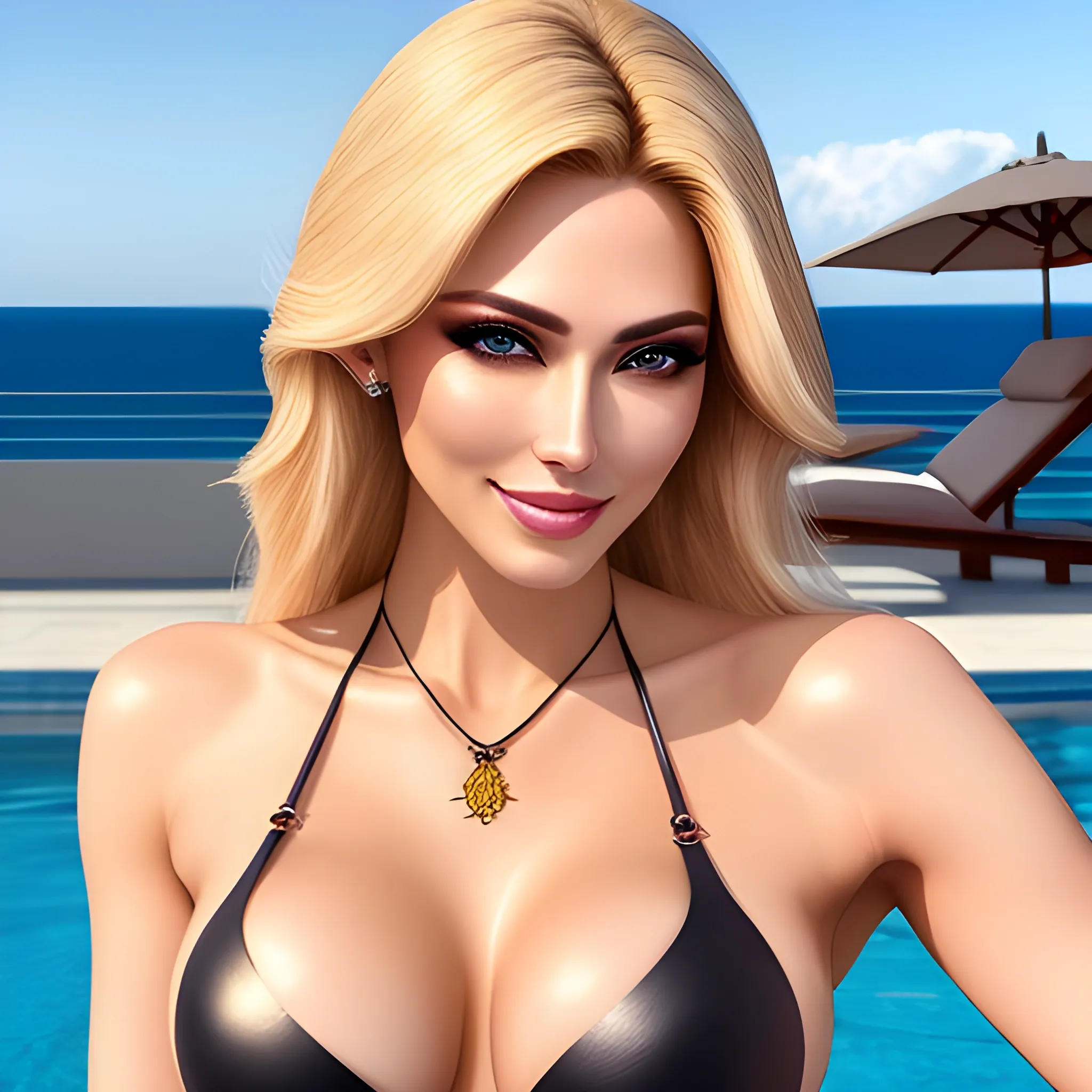 masterpiece, best quality, beautiful girl with beautiful sensuous eyes, sensuous smile, blond kawaii hair, light makeup, photorealistic face, detailed skin,  neckless, Puffy belly, wearing leather bikini ,moles, night pool