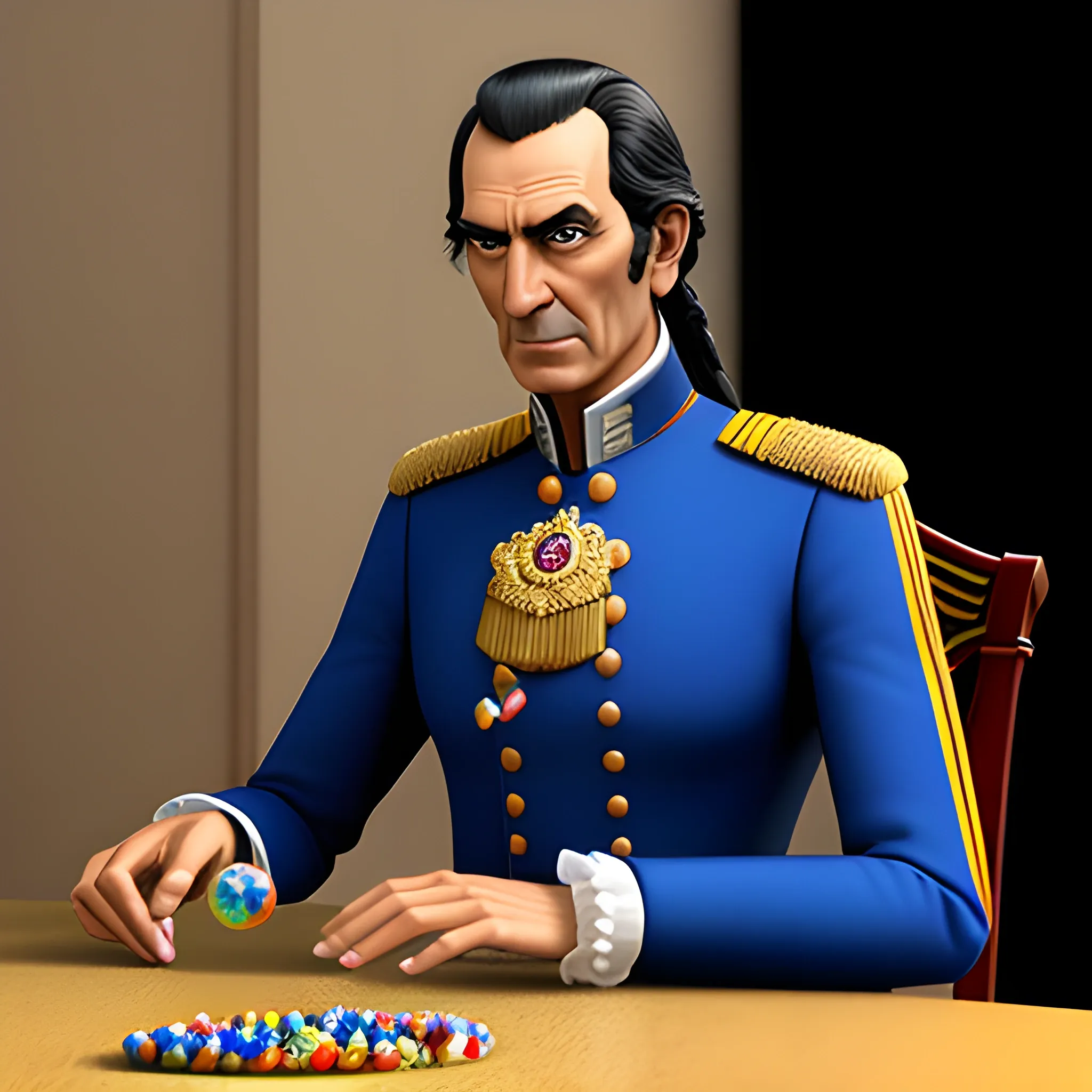 , 3D realistic young SImon Bolivar playing with marbles