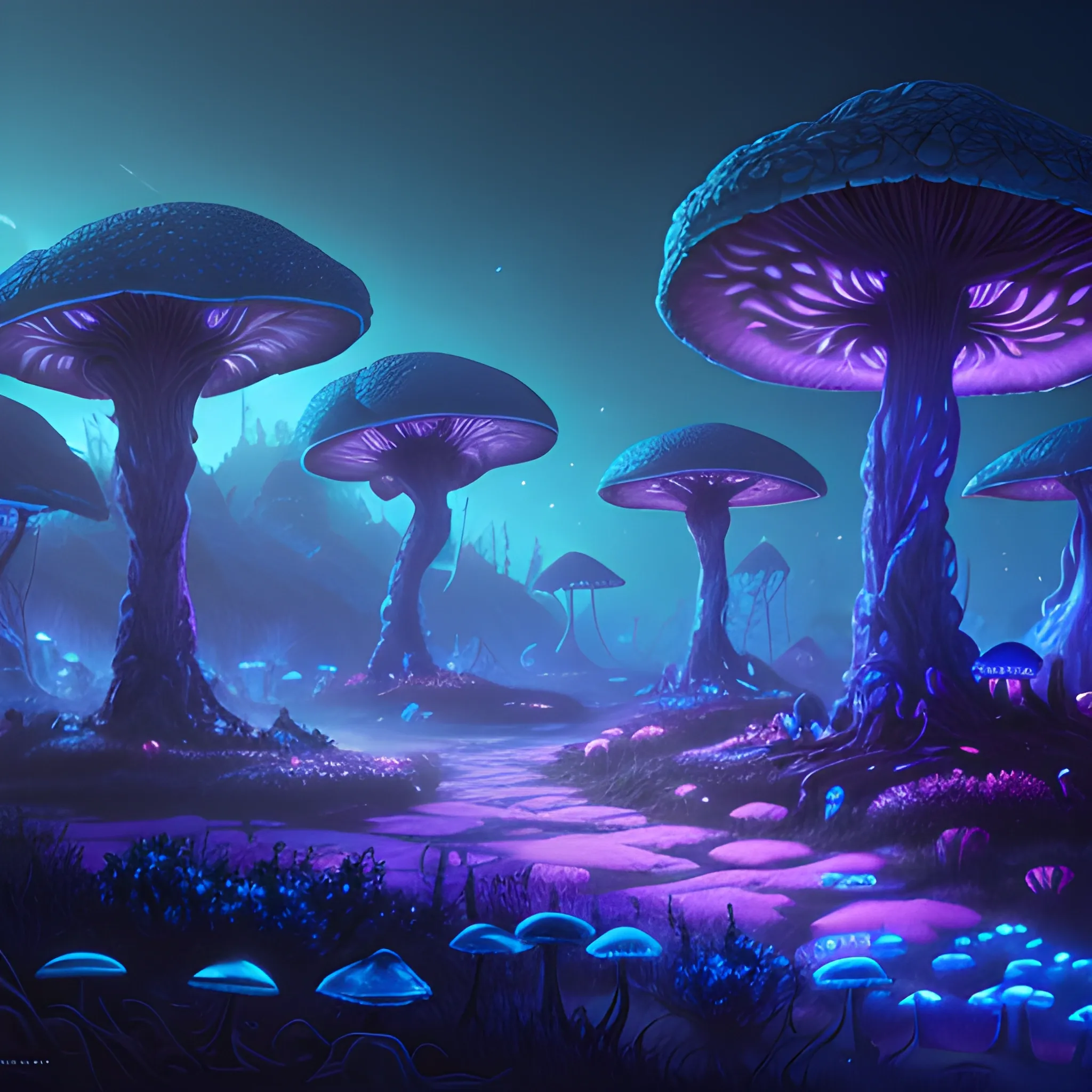 concept art painting of a fantasy alien fungal landscape at night, with glowing blue lights, glowing blue mushrooms, dark purple sky, realistic, detailed, cel shaded, in the style of makoto shinkai and greg rutkowski and albert bierstadt and james gurney