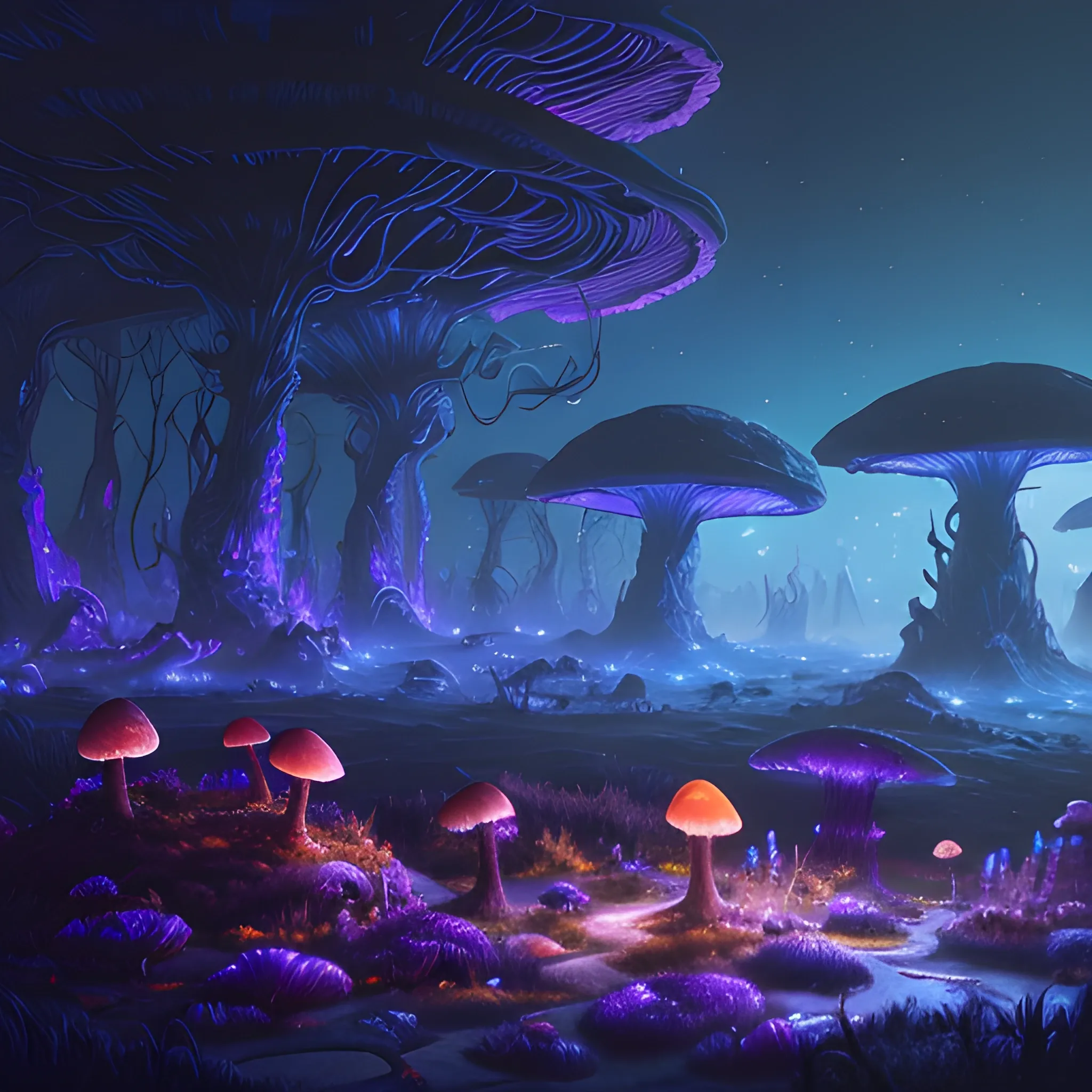 concept art painting of a fantasy alien fungal landscape at night, with glowing blue lights, glowing blue mushrooms, dark purple sky, realistic, detailed, cel shaded, in the style of makoto shinkai and greg rutkowski and albert bierstadt and james gurney