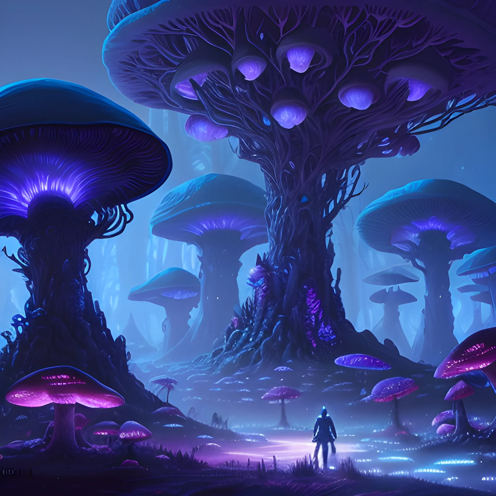 concept art painting of a fantasy alien fungal landscape at night, with glowing blue lights, glowing blue mushrooms, dark purple sky, realistic, detailed, cel shaded, in the style of makoto shinkai and greg rutkowski and albert bierstadt and james gurney