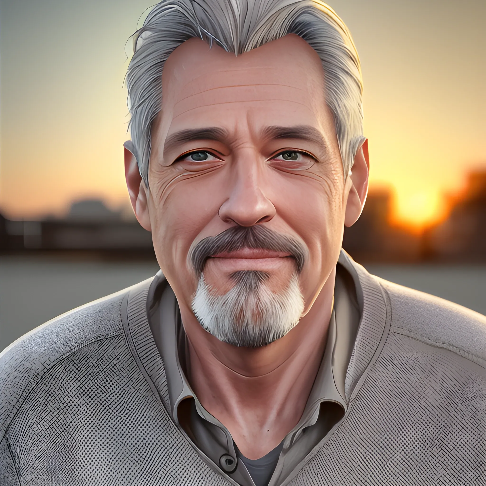 a photorealistic image of a man in his 50s, some gray hair, a goatee, golden hour, looking to the left of the camera, above shoulder