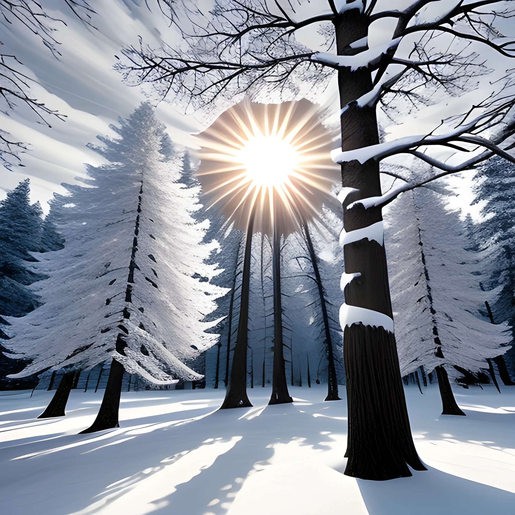 Snowy Trees, white sun
