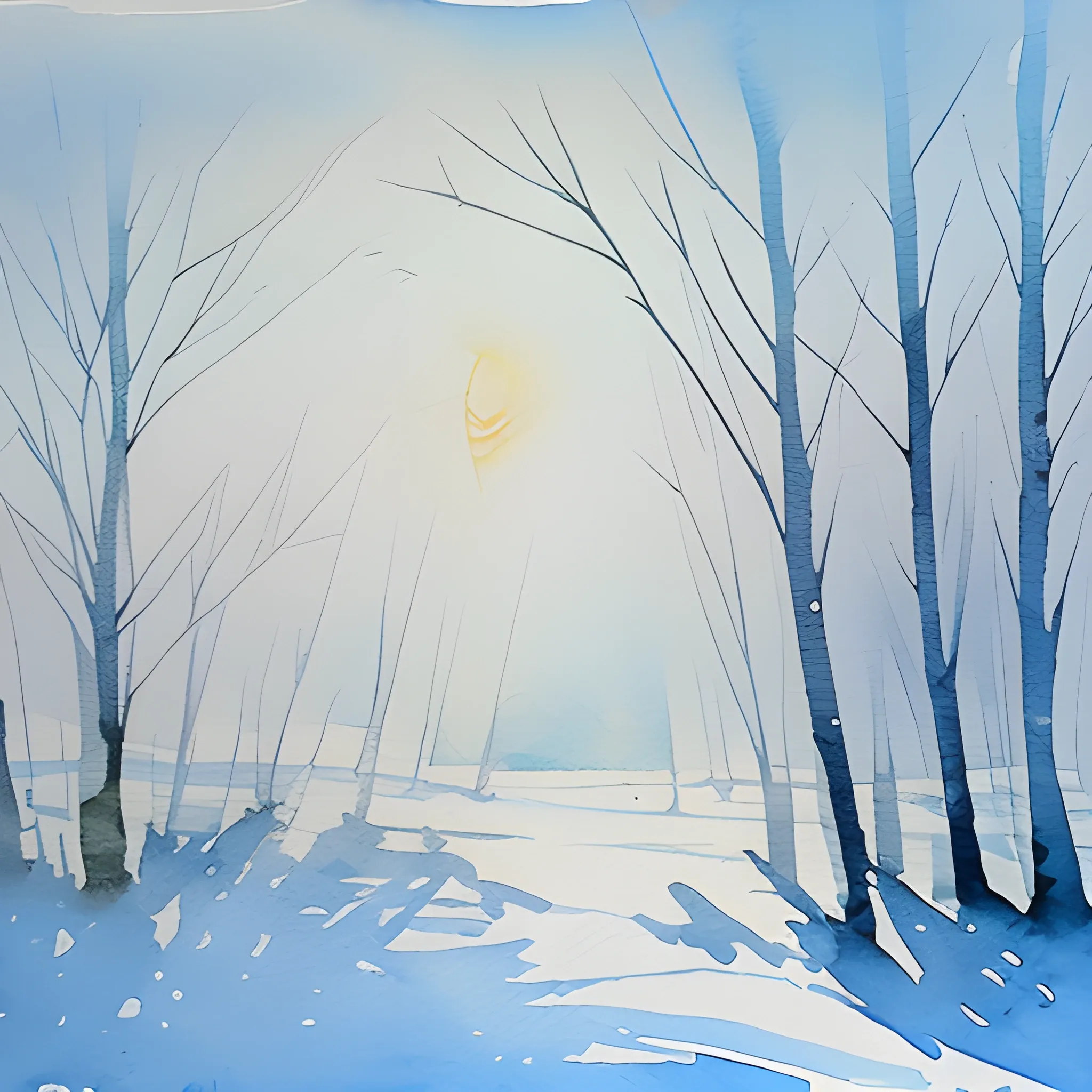 Snowy Trees, white sun, 
, Water Color