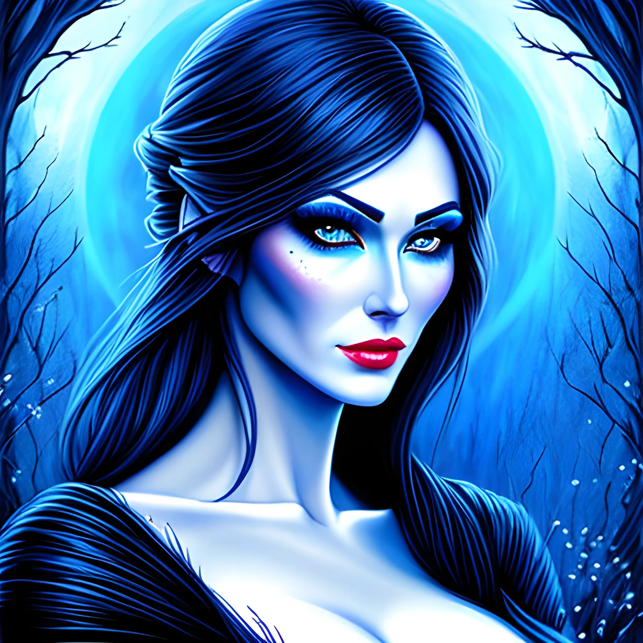Beautiful girl with blue eyes, high detail, blue scene, hauntingly beautiful illustration