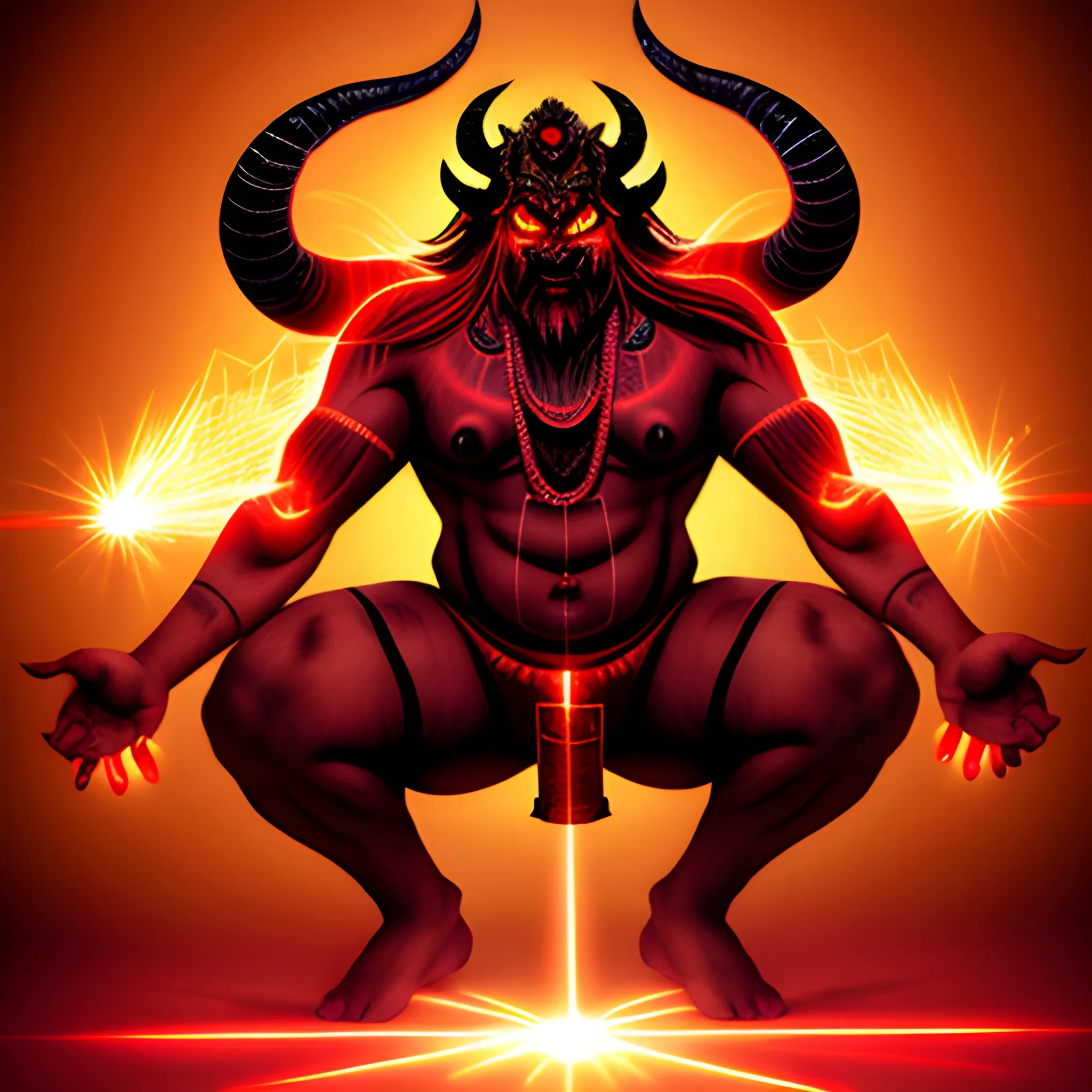 A huge hindu demon man with laser eyes
