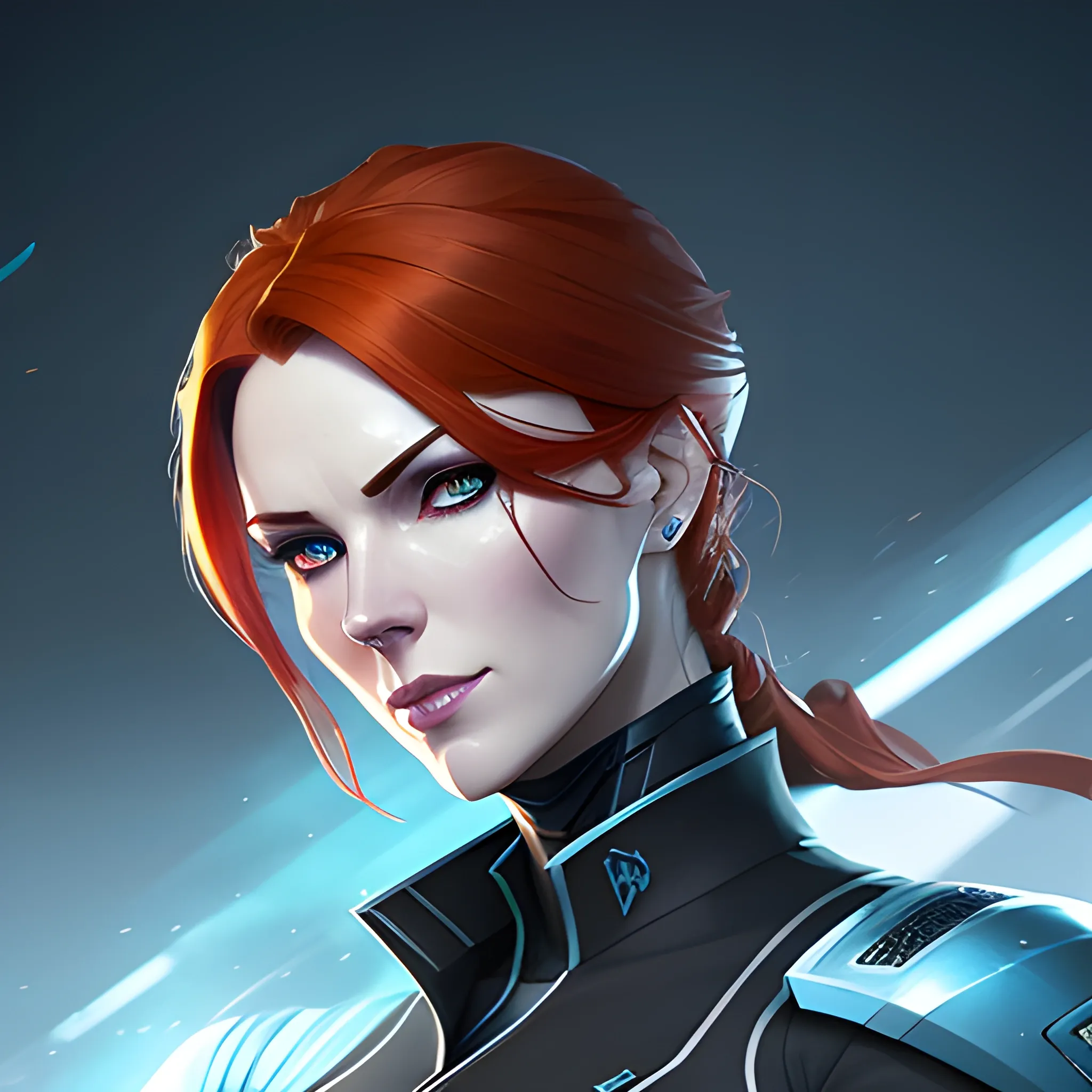 arcane style, Posh girl wearing an blue enforcer uniform, ginger hair, soft face, hair tied up, detailed portrait, cell shaded, 4 k, concept art, by wlop, ilya kuvshinov, artgerm, krenz cushart, greg rutkowski, pixiv. cinematic dramatic atmosphere, sharp focus, volumetric lighting, cinematic lighting, studio quality