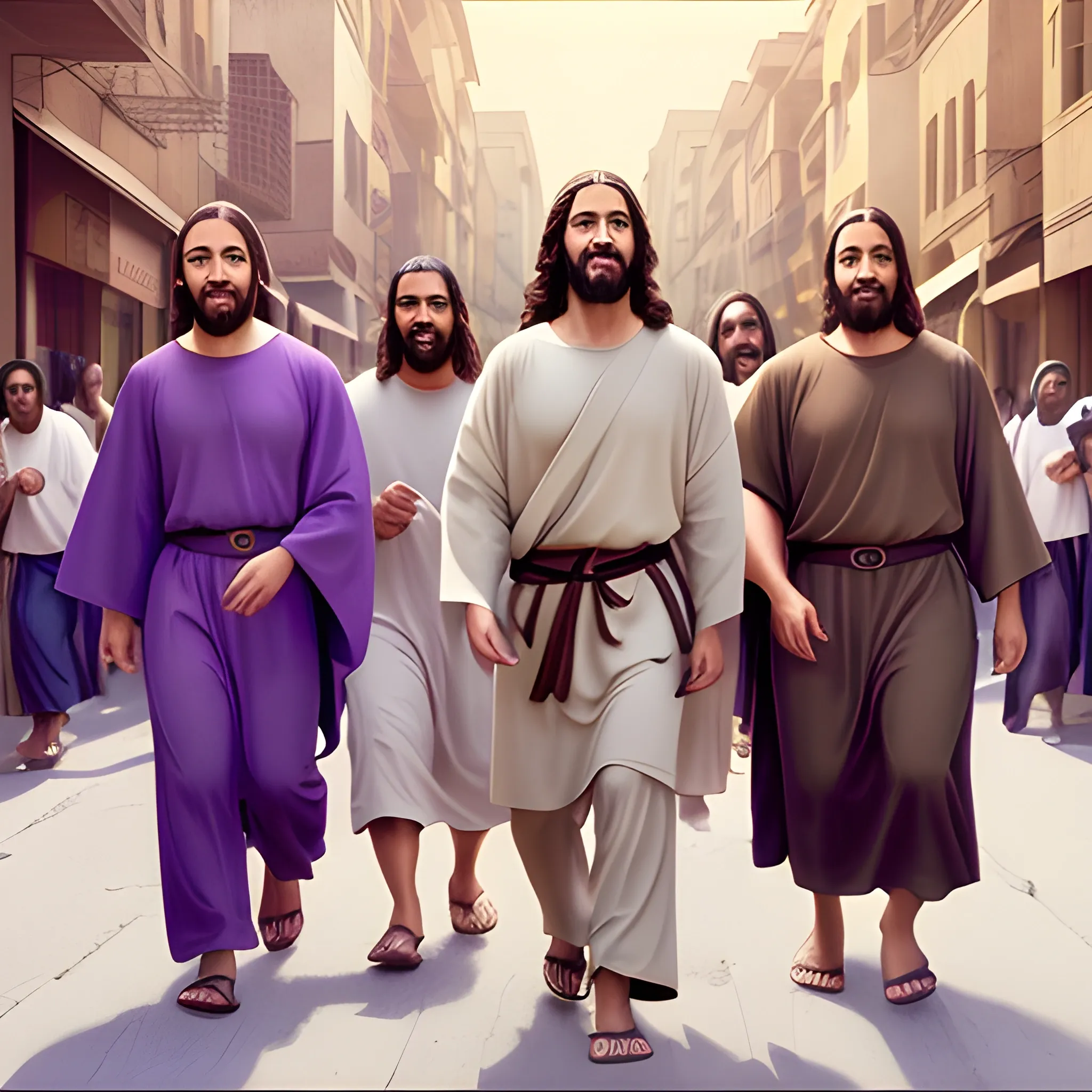  Jesus, happy, positive attitude, big soulful violet eyes, brown eyes and brown hair, walking with his disciples, through the street.