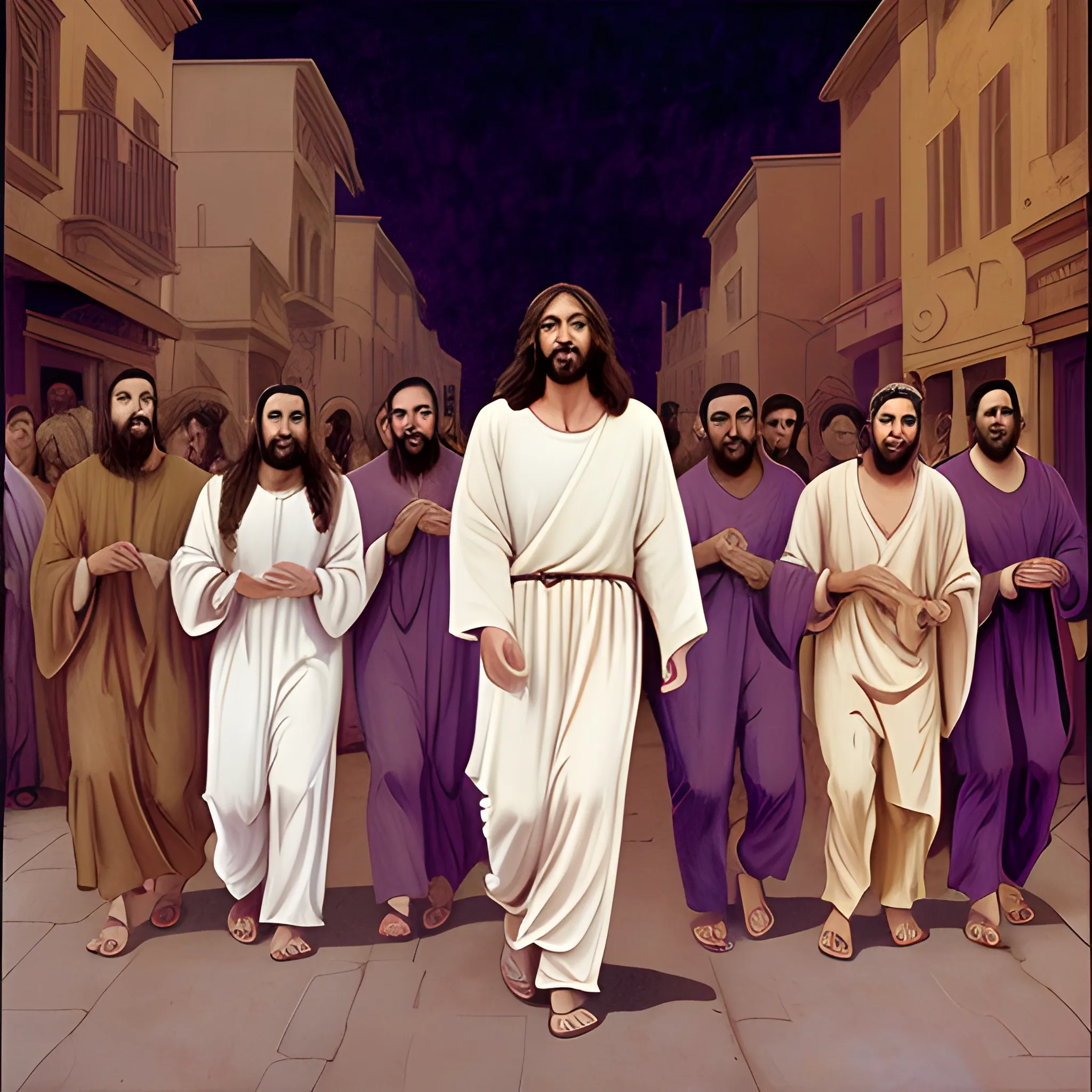  Jesus, big soulful violet eyes, brown eyes and brown hair, walking with his disciples, through the street.