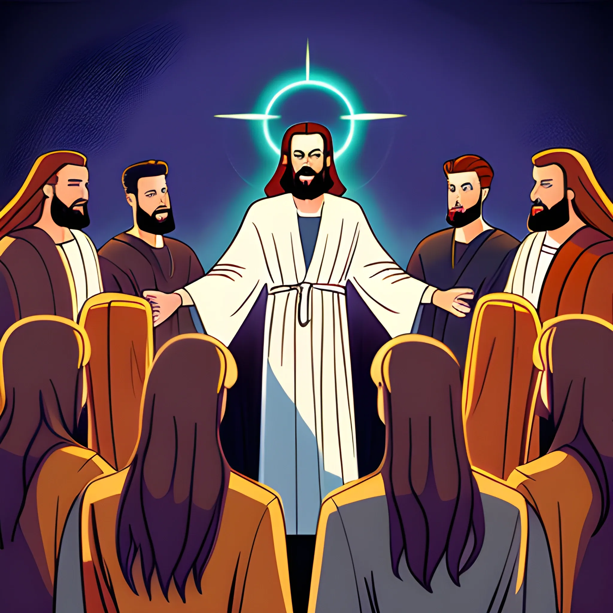  Draw a charismatic Jesus, for a story for 4-year-old children, who appears surrounded by his disciples., Cartoon,