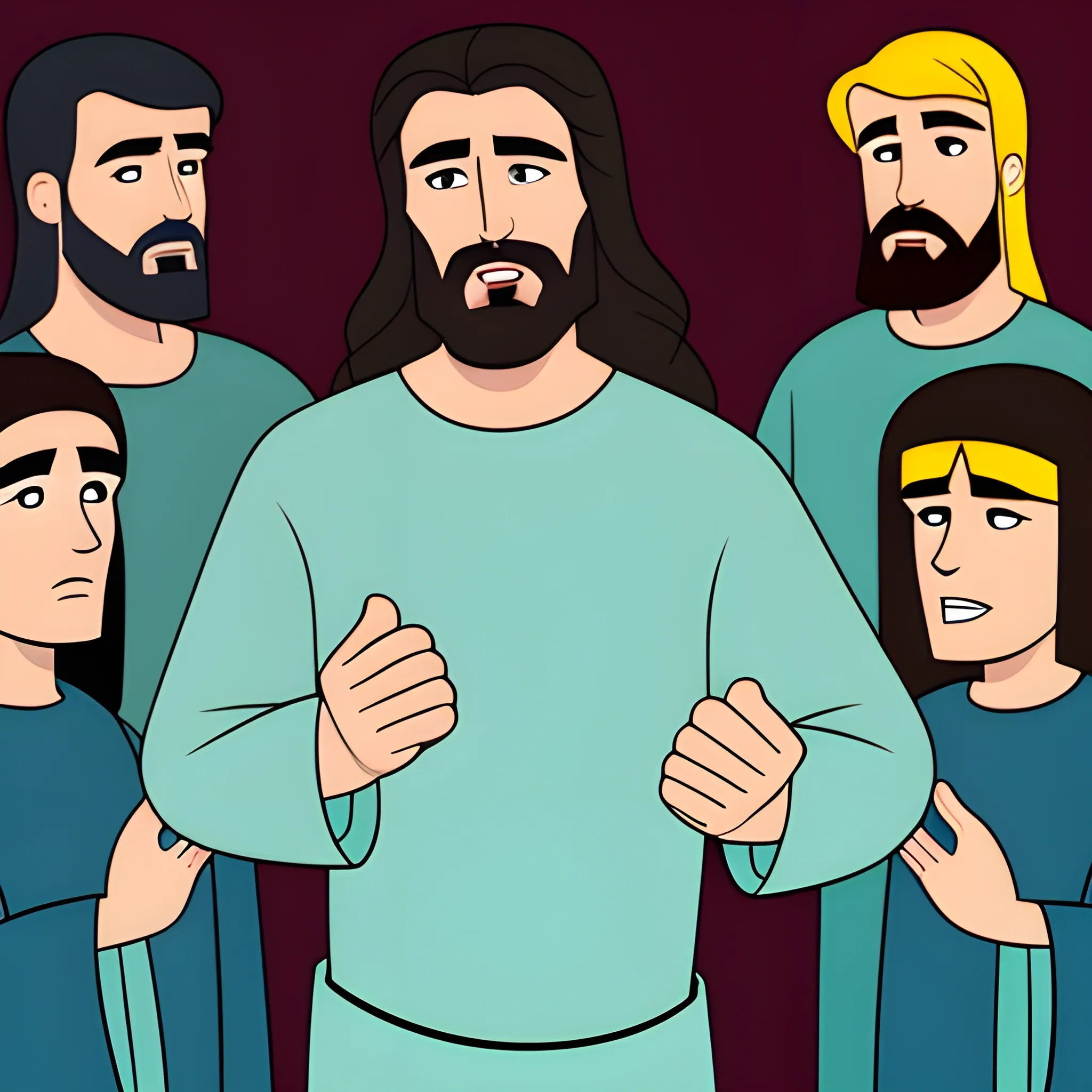  Cartoon charismatic Jesus, for a story for 4-year-old children, who appears surrounded by his disciples.