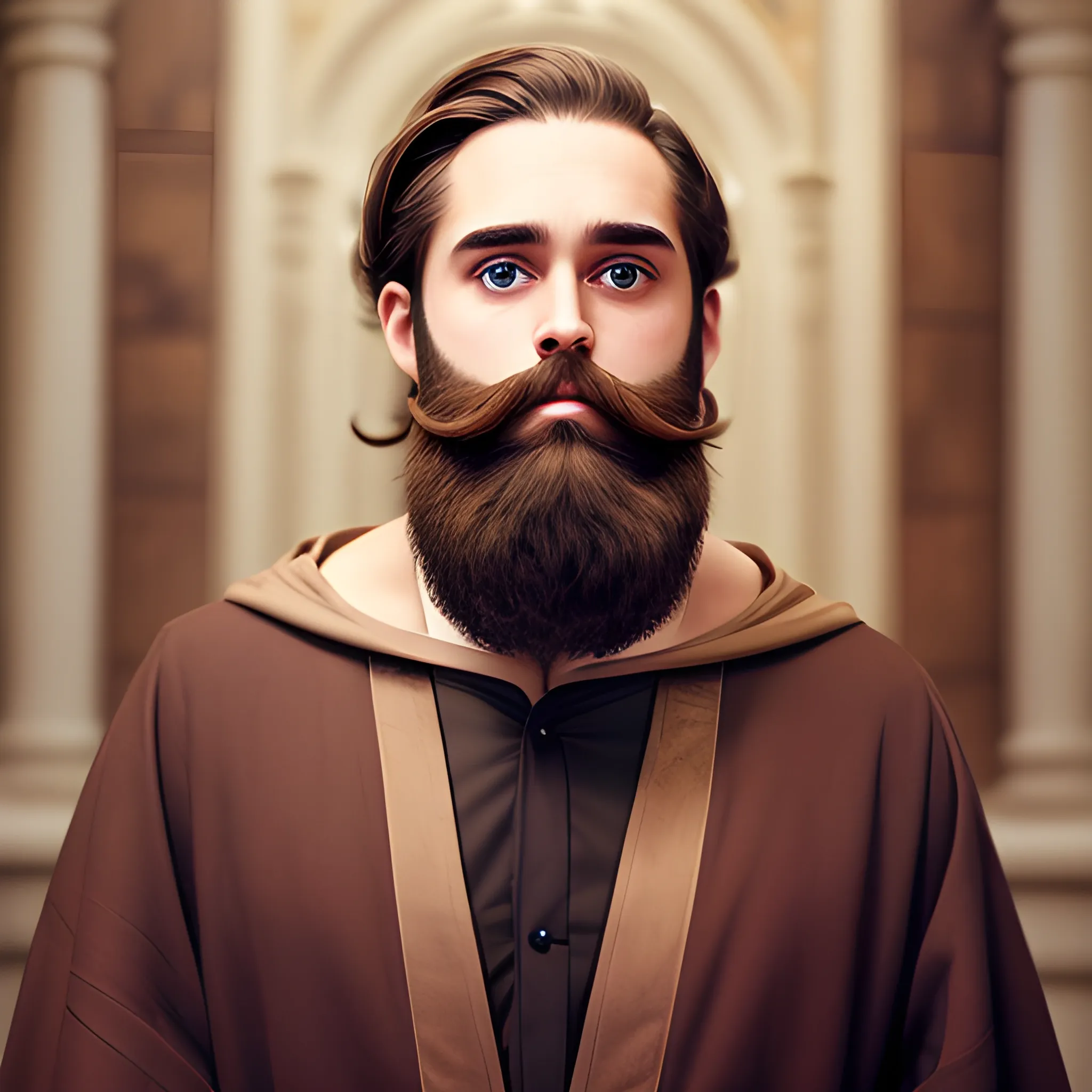 man with a beard, with big brown eyes, with brown hair, dressed in robes